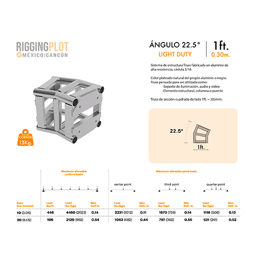 ficha tecnica truss ld angulo 22.5 grados light duty riggingplot mexico