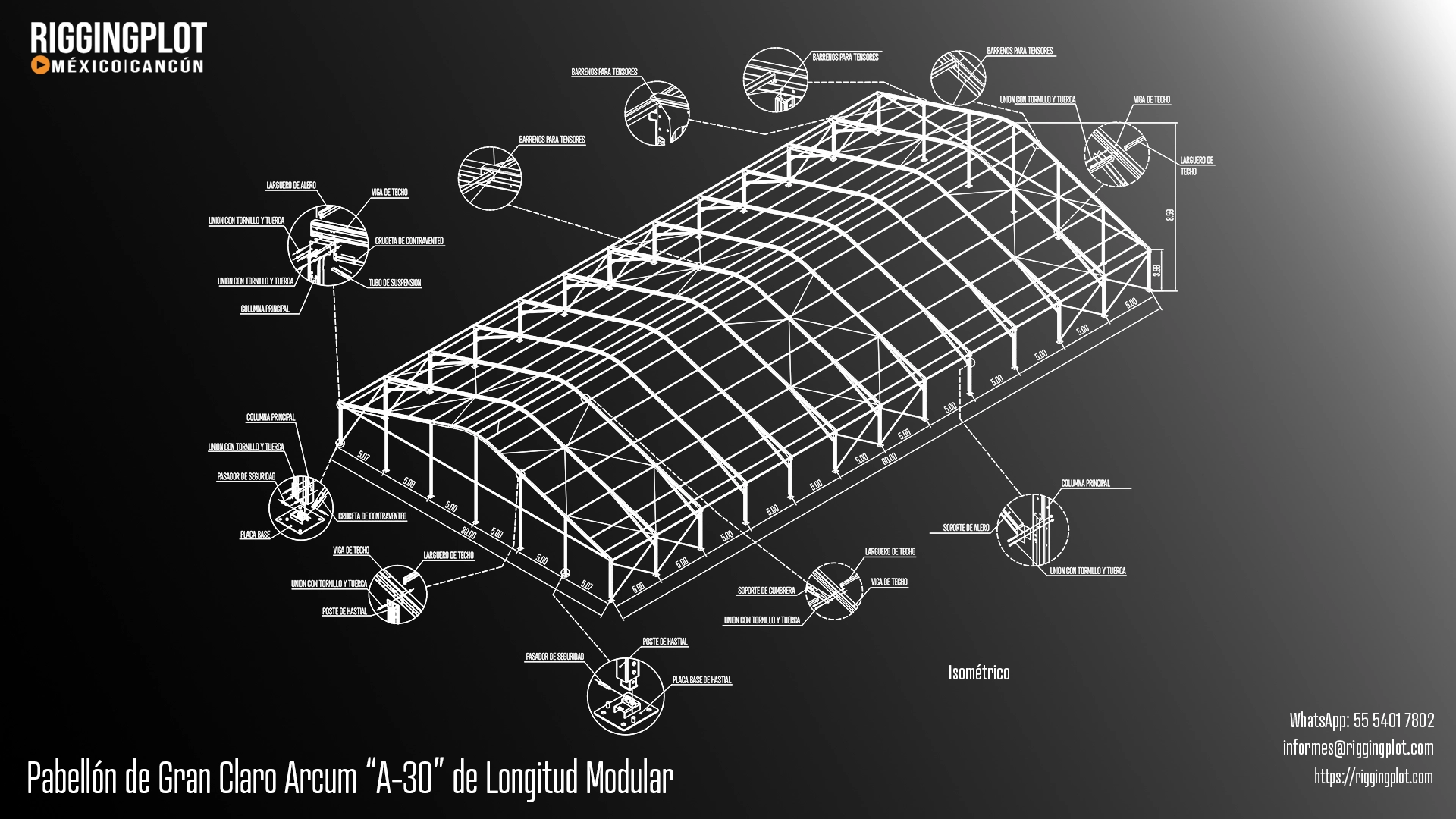 ficha tecnica de carpa arcum-a30-30.00x60.00mts con 8.59mts de altura máxima en mexico