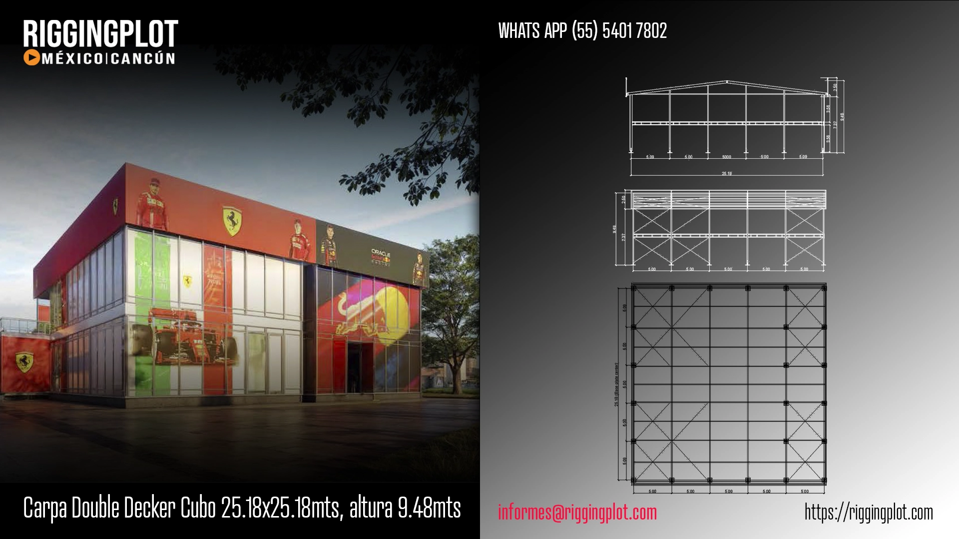 ficha tecnica de carpa double decker cubo de 25.18x25.18mts con 9.48mts de altura máxima en mexico
