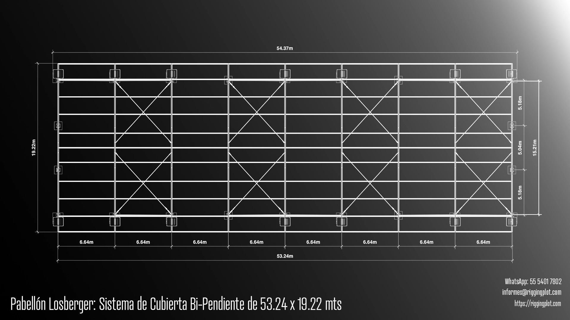FICHA TÉCNICA CARPA LOSBERGER DE 19.22X53.24MTS CON SISTEMA DE CUBIERTA BI-PENDIENTE EN MÉXICO