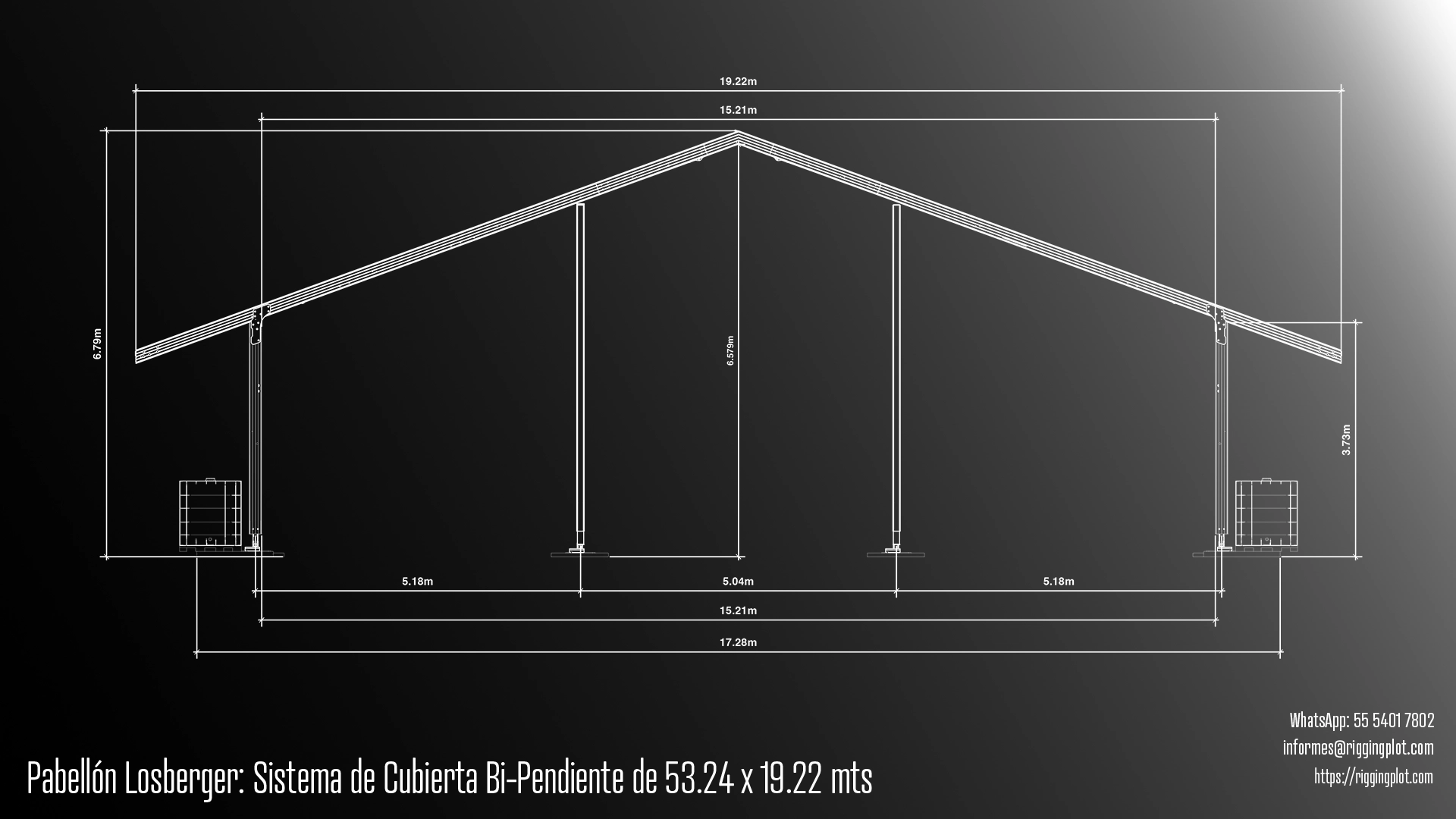 FICHA TÉCNICA CARPA LOSBERGER DE 19.22X53.24MTS CON SISTEMA DE CUBIERTA BI-PENDIENTE EN MÉXICO