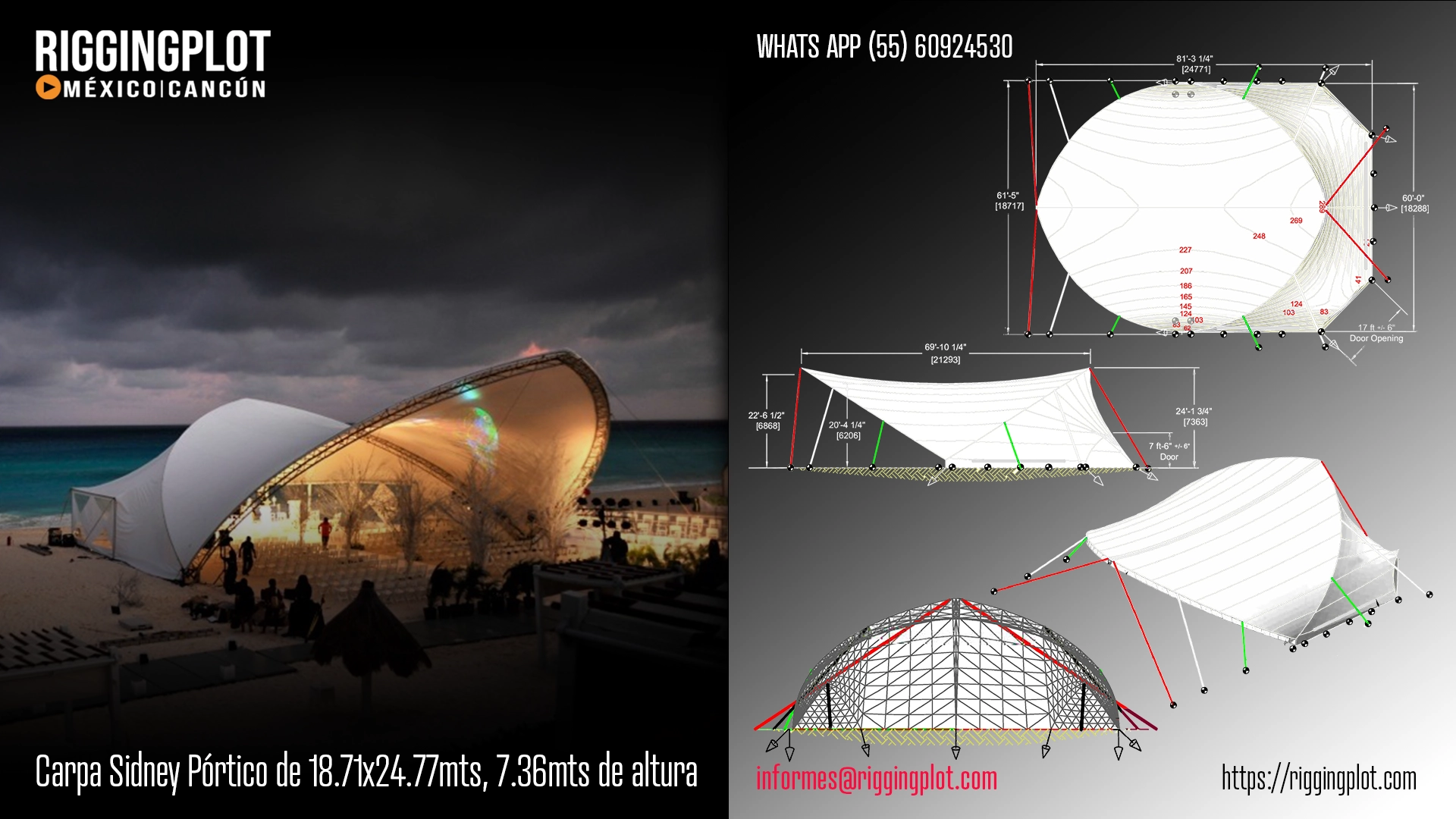 ficha tecnica de carpa sidney de 18.71x24.77mts con 6.87mts de altura máxima en mexico