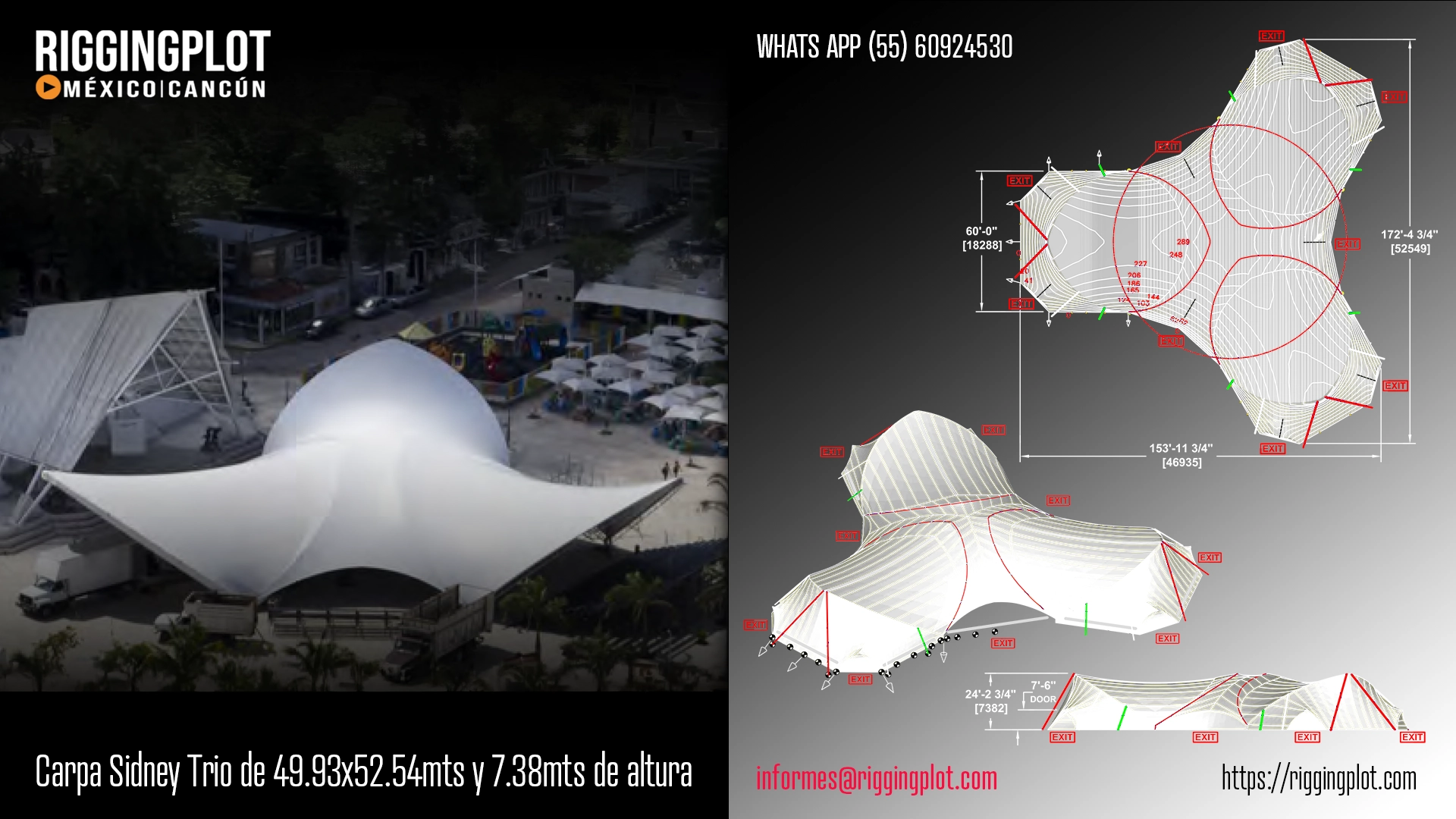 ficha tecnica de carpa sidney trio de 14.93X52.54mts con 7.38mts de altura máxima en mexico