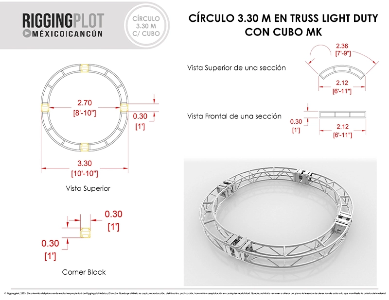 CÍRCULO EN TRUSS DE ALUMINIO MK DE 3.30MTS DE DIÁMETRO EN 4 SECCIONES MÁS 4 CUBOS