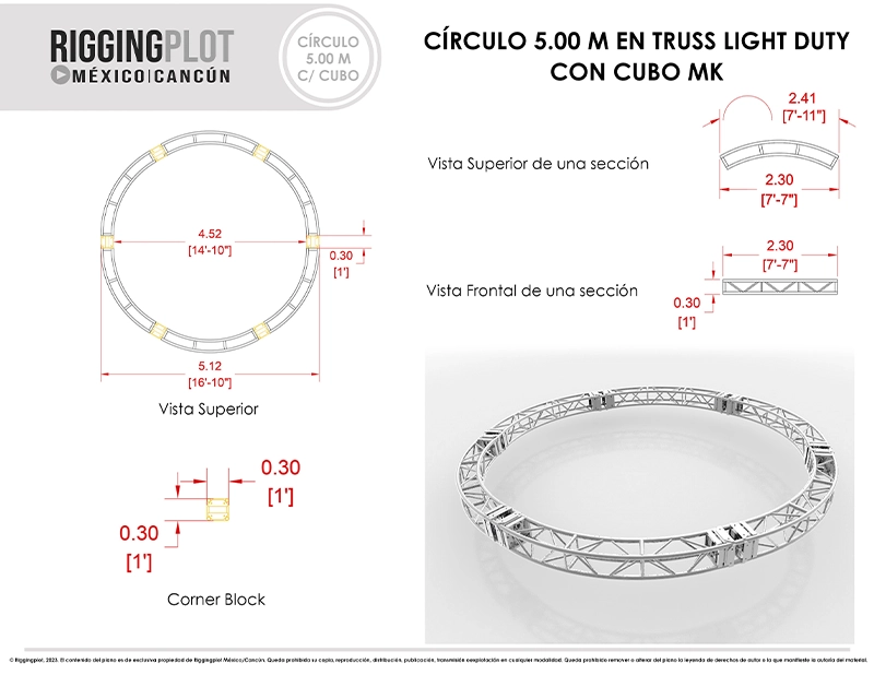 CÍRCULO EN TRUSS DE ALUMINIO MK DE 5.00MTS DE DIÁMETRO EN 4 SECCIONES MÁS 4 CUBOS