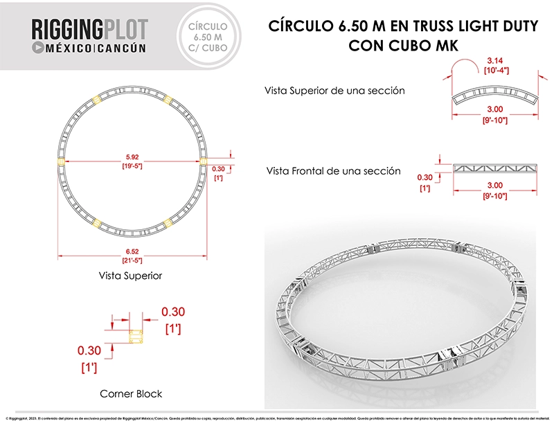 CÍRCULO EN TRUSS DE ALUMINIO DE 6.50MTS DE DIÁMETRO EN 6 SECCIONES MÁS 6 CUBOS