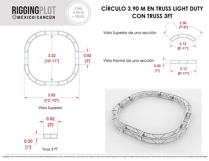 CÍRCULO EN TRUSS DE ALUMINIO MK DE 3.90MTS DE DIÁMETRO EN 4 SECCIONES MÁS 4 TRUSSES
