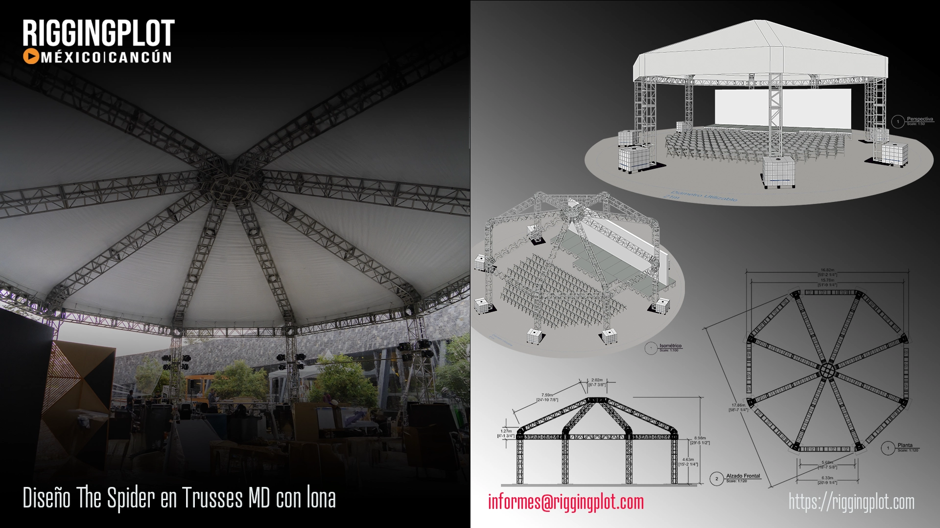 DISEÑO EN MODELO DE ARAÑA CON TRUSSES MEDIUM CON LONA, IDEAL PARA BODAS O EVENTOS ESPECIALES