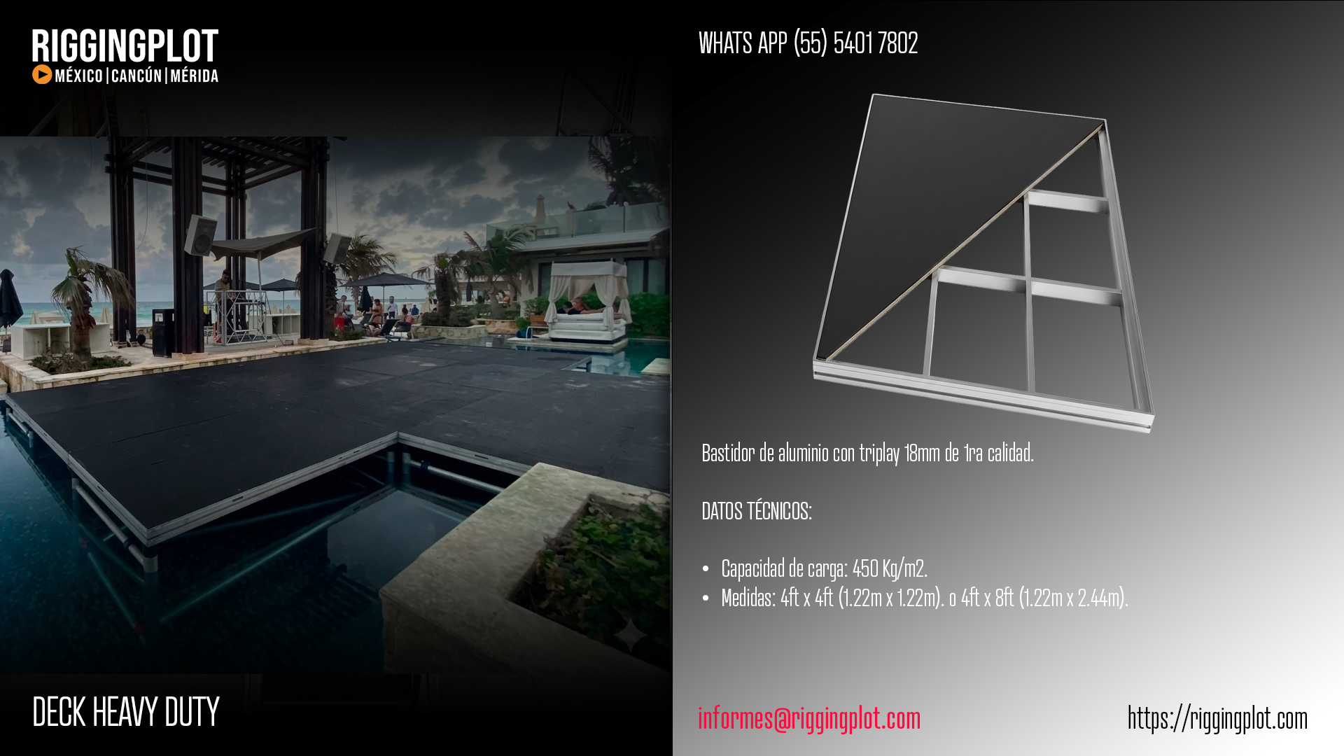 ESCENARIOS EN MEXICO, RENTA DE ESCENARIOS EN MÉXICO, RENTA DE TEMPLETES EN MEXICO, RENTA DE PLATAFORMA DECKS, RENTA Y VENTA DECK DE ALUMINIO DE 4'X 4' (1.22M x 1.22M) Y 4´X 8'(1.22M x 2.44M) CON TRIPLAY 18 MM, EN MÉXICO, ROLLING RAISERS