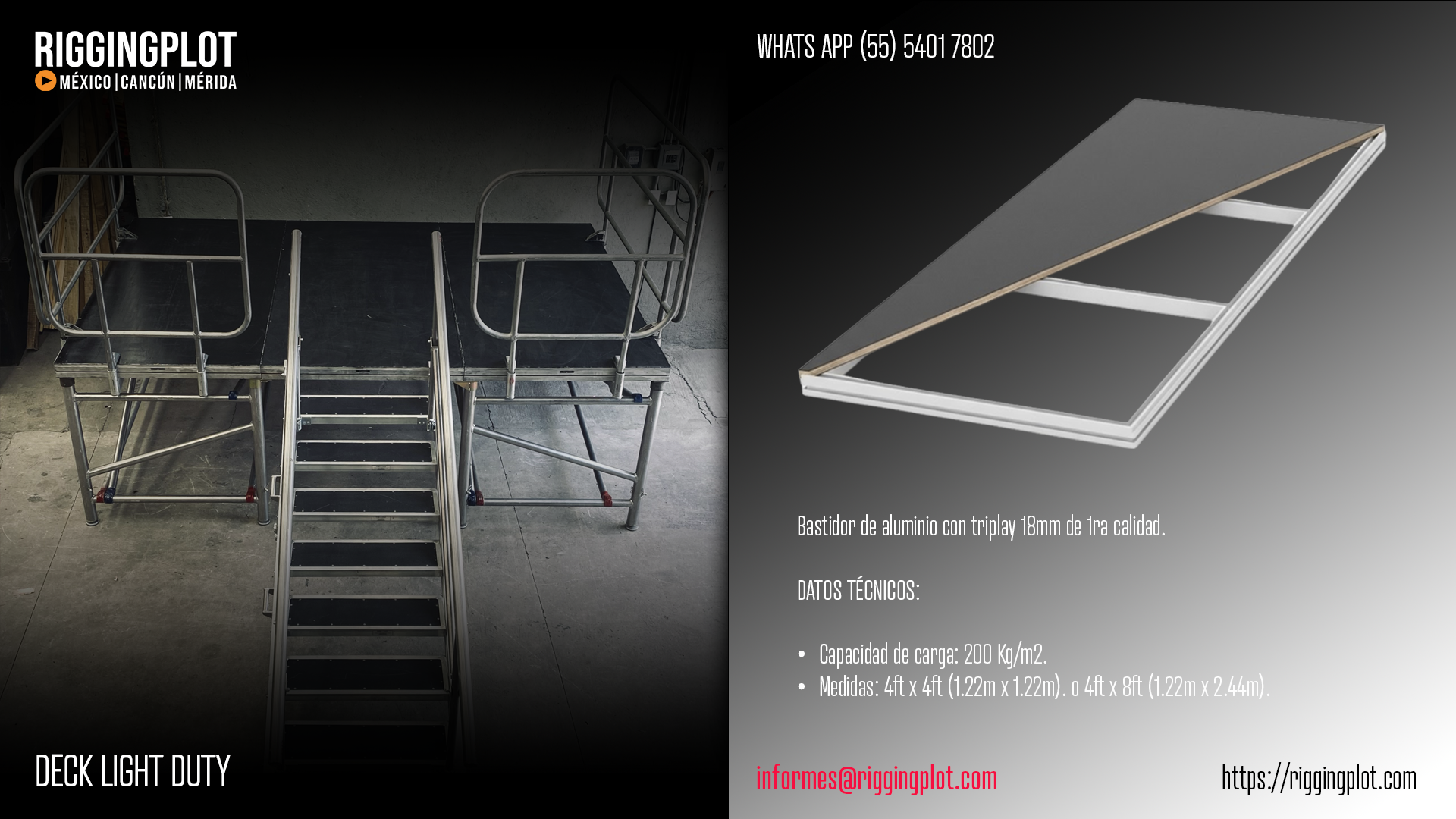 ESCENARIOS EN MEXICO, RENTA DE ESCENARIOS EN MÉXICO, RENTA DE TEMPLETES EN MEXICO, RENTA DE PLATAFORMA DECKS, RENTA Y VENTA DECK DE ALUMINIO DE 4'X 4' (1.22M x 1.22M) Y 4´X 8'(1.22M x 2.44M) CON TRIPLAY 18 MM, EN MÉXICO, ROLLING RAISERS