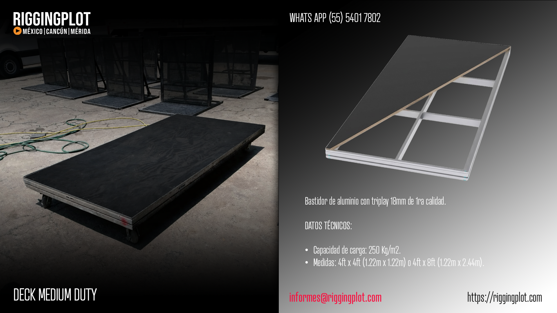 ESCENARIOS EN MEXICO, RENTA DE ESCENARIOS EN MÉXICO, RENTA DE TEMPLETES EN MEXICO, RENTA DE PLATAFORMA DECKS, RENTA Y VENTA DECK DE ALUMINIO DE 4'X 4' (1.22M x 1.22M) Y 4´X 8'(1.22M x 2.44M) CON TRIPLAY 18 MM, EN MÉXICO, ROLLING RAISERS