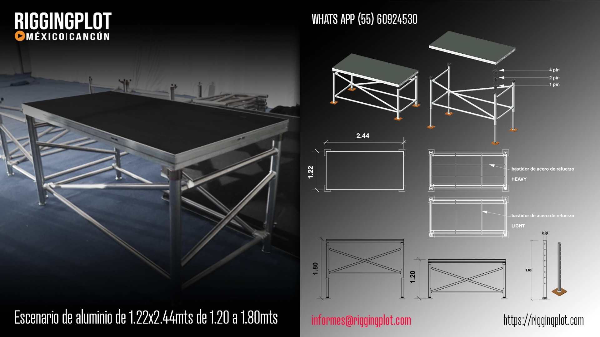 ficha tecnica escenario deck de aluminio de 1.22x2.44 metros de 1.20 hasta 1.80 metros de alturamexico
