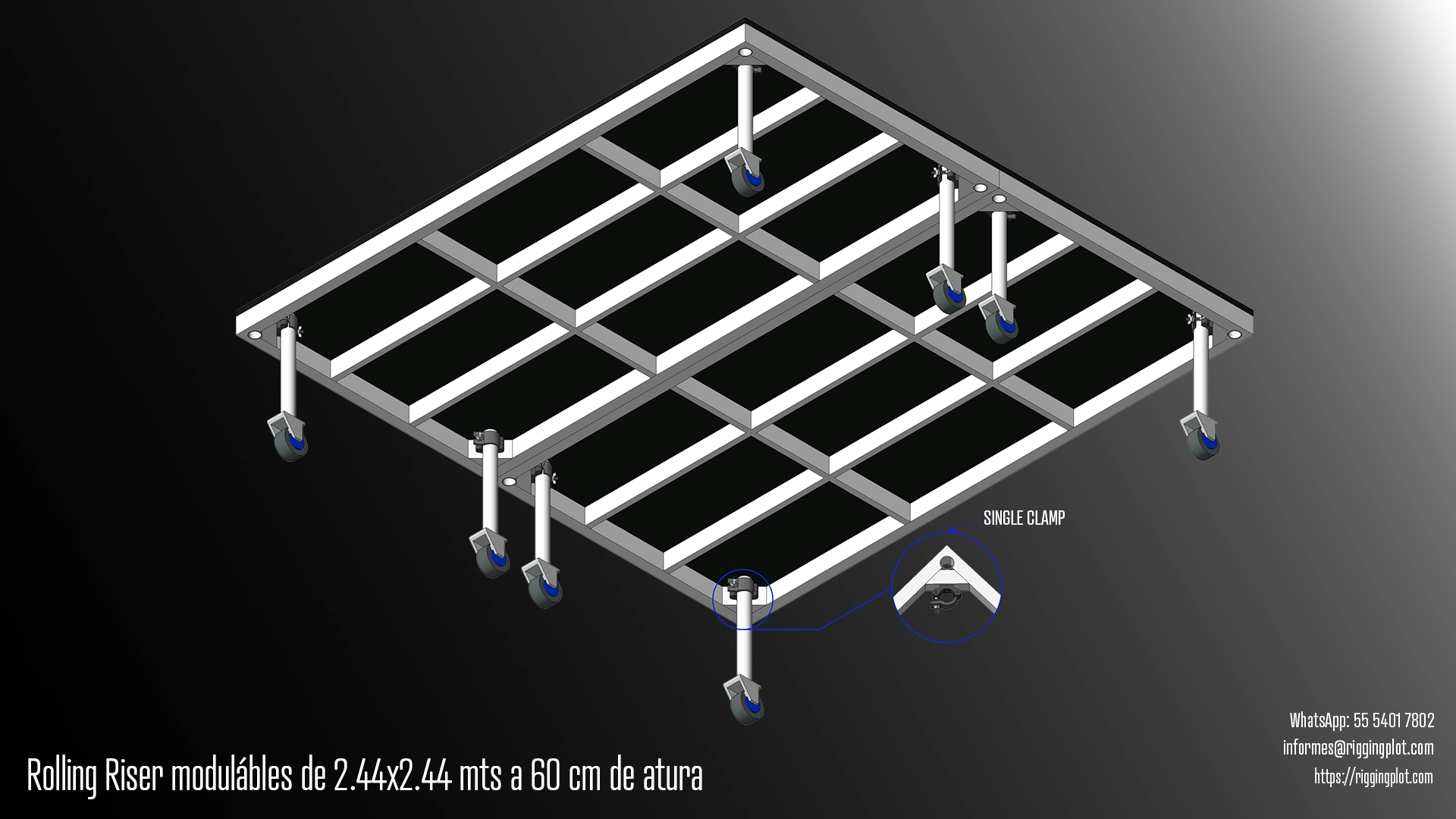 ficha técnica Decks de aluminio con llantas en las bases