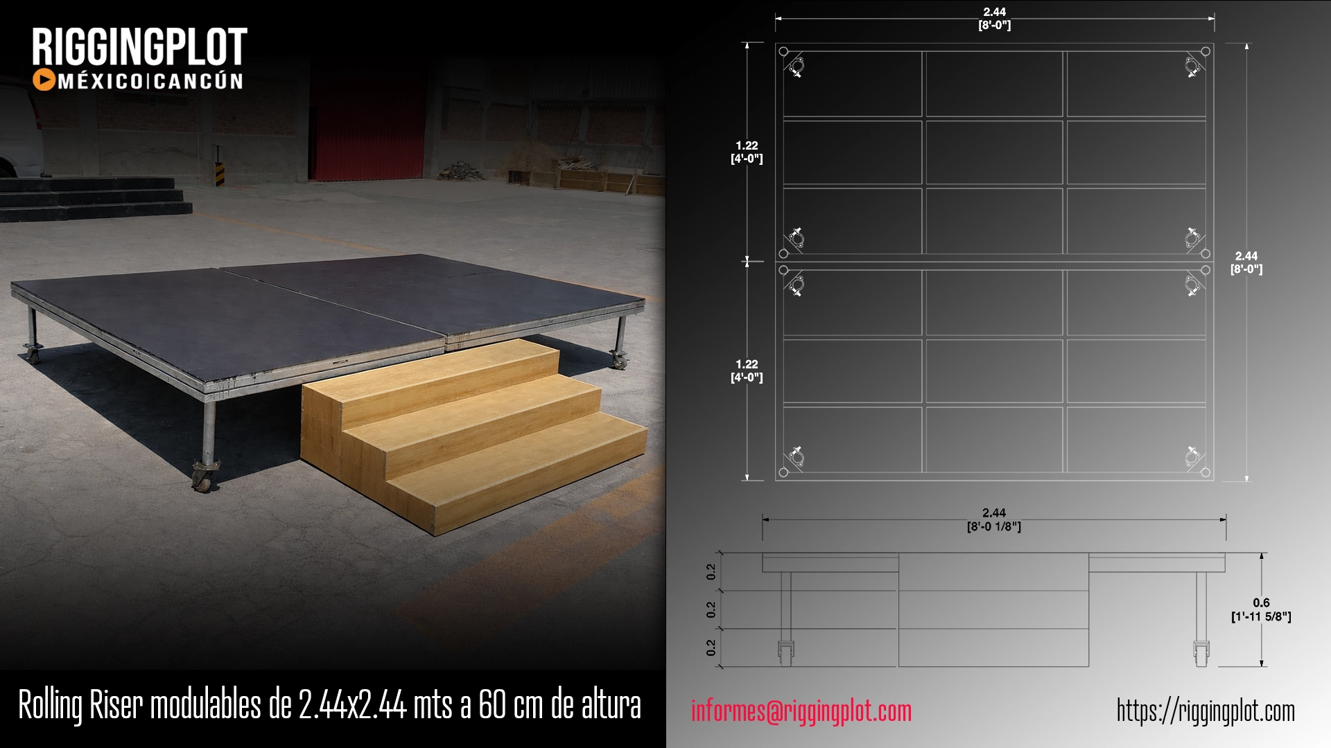 ficha técnica Decks de aluminio con llantas en las bases