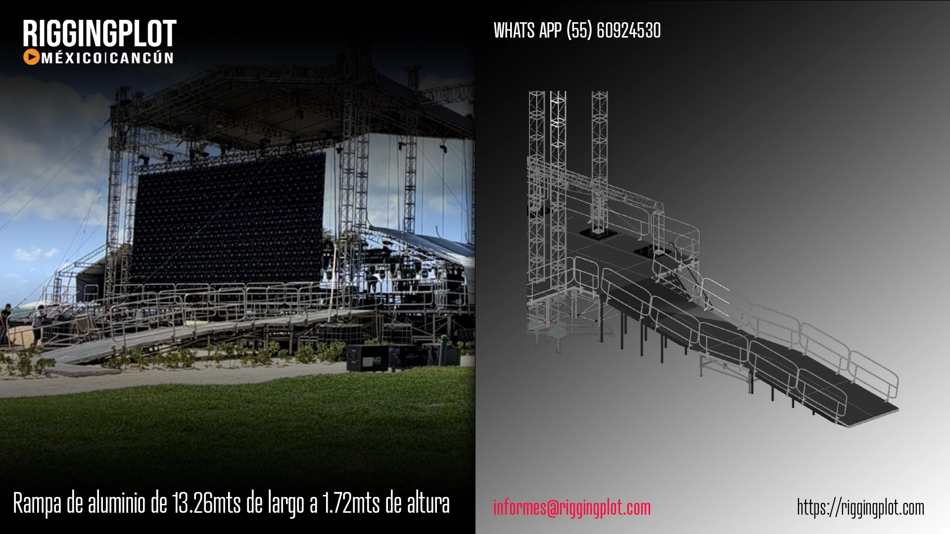 FICHA TÉCNICA RAMPA DE ALUMINIO DE 13.26MTS A 1.72MTS DE ALTURA CON BASTIDORES DE ESCENARIO DECK DE 1.22X2.44MTS Y BARANDAL MÉXICO