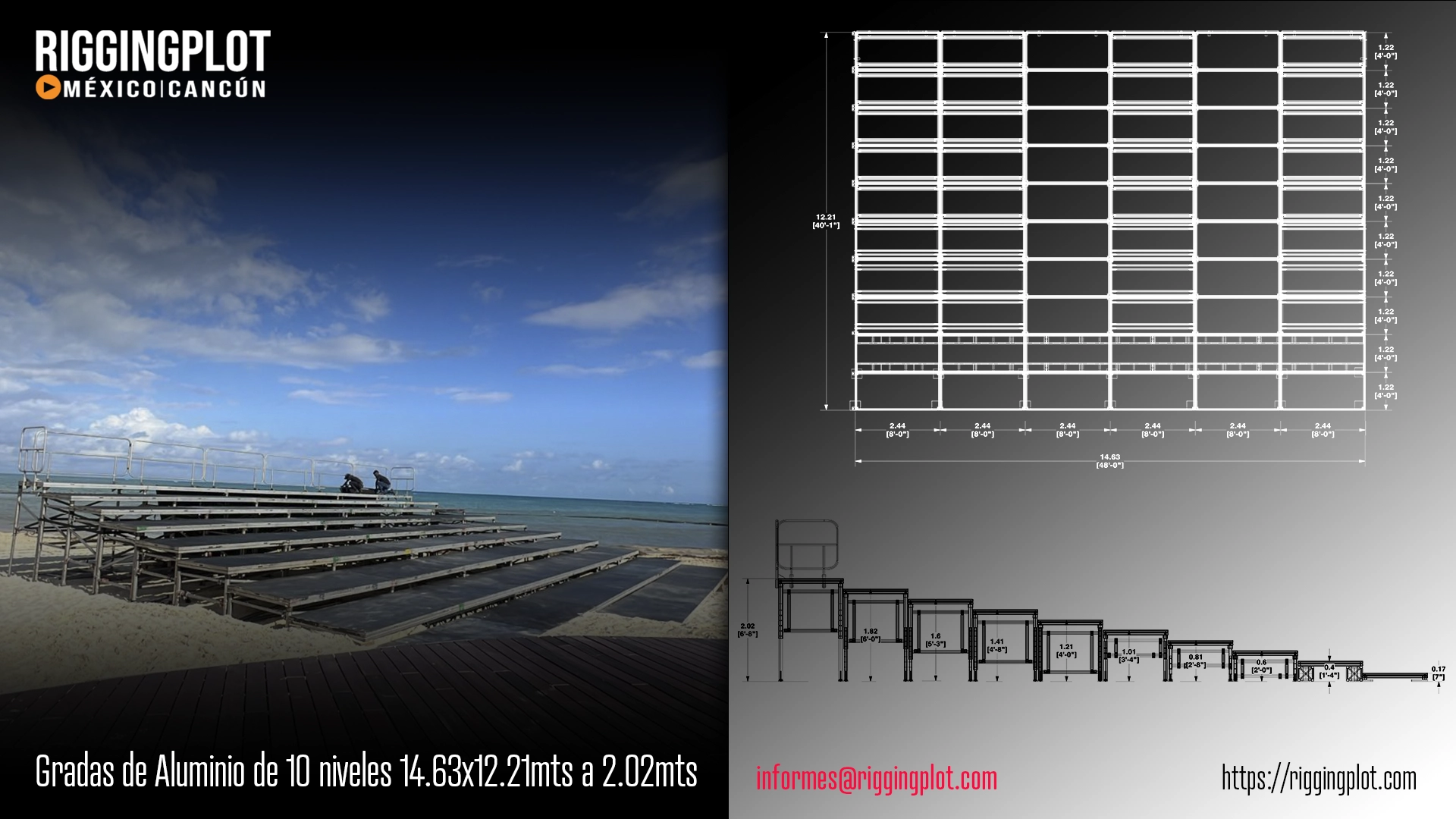 ficha técnica grada de aluminio de 10 niveles de 9.75 metros de frente x 2.02 metros de profundidad x 2.02 metros de altura