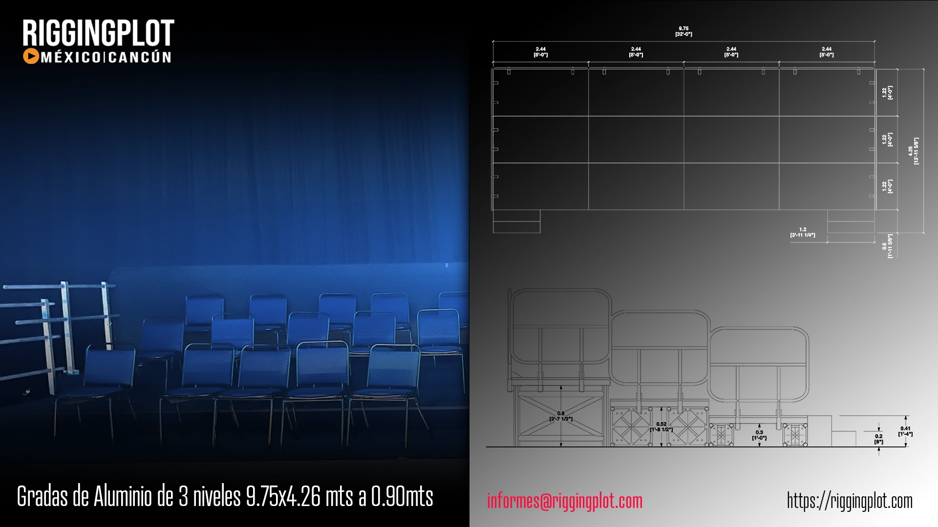 ficha técnica grada de aluminio de 3 niveles de 9.75 metros de frente x 0.90 metros de profundidad x 0.90 metros de altura