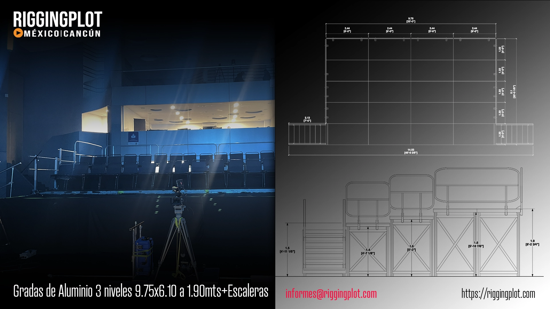 ficha técnica grada de aluminio de 3 niveles de 9.75 metros de frente x 1.90 metros de profundidad x 1.90 metros de altura