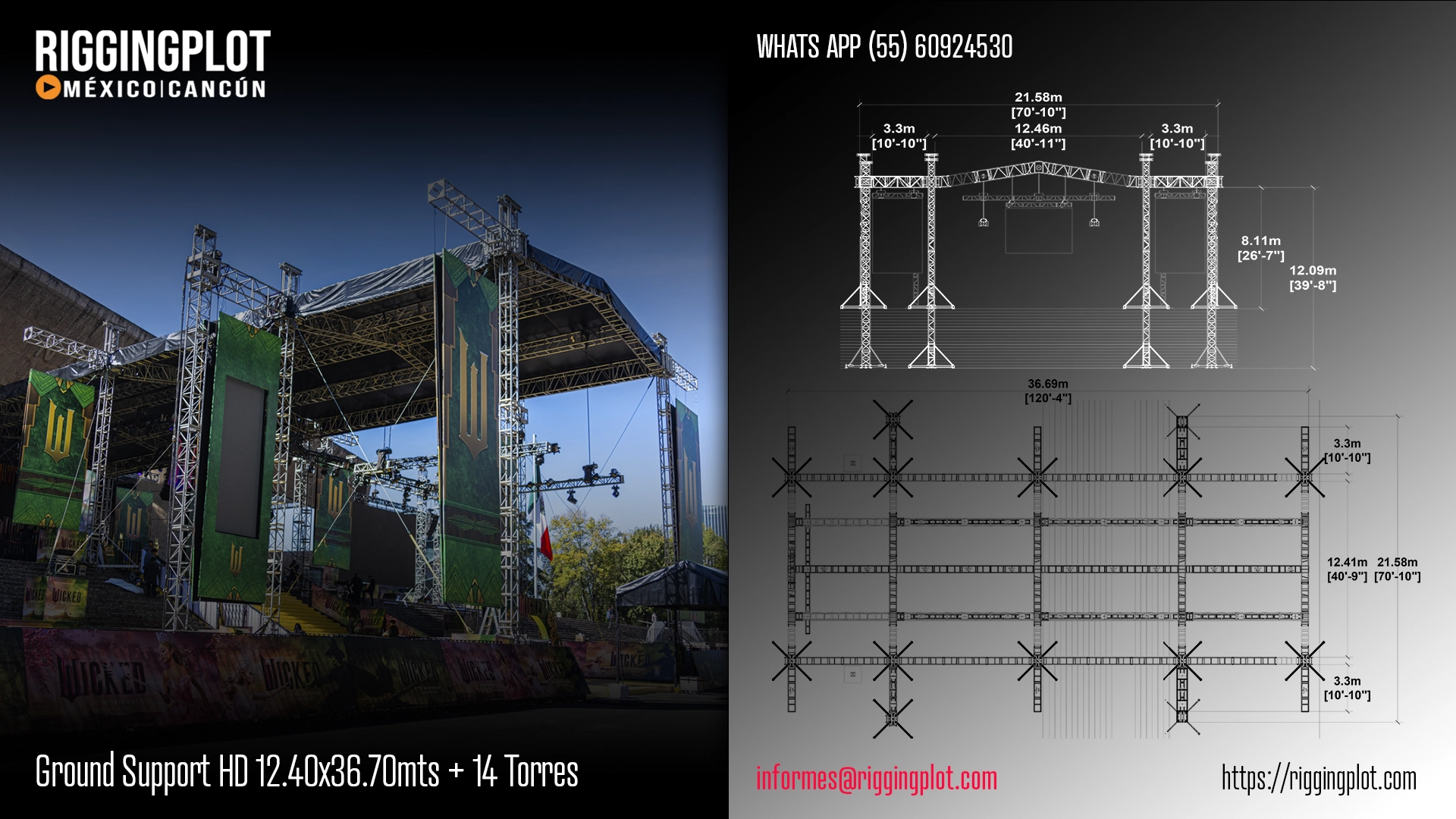 ficha tecnica ground support hd de 12.40x36.70mts con 14 torres montado en el Auditorio NAcional para la premiere de Wicked en mexico