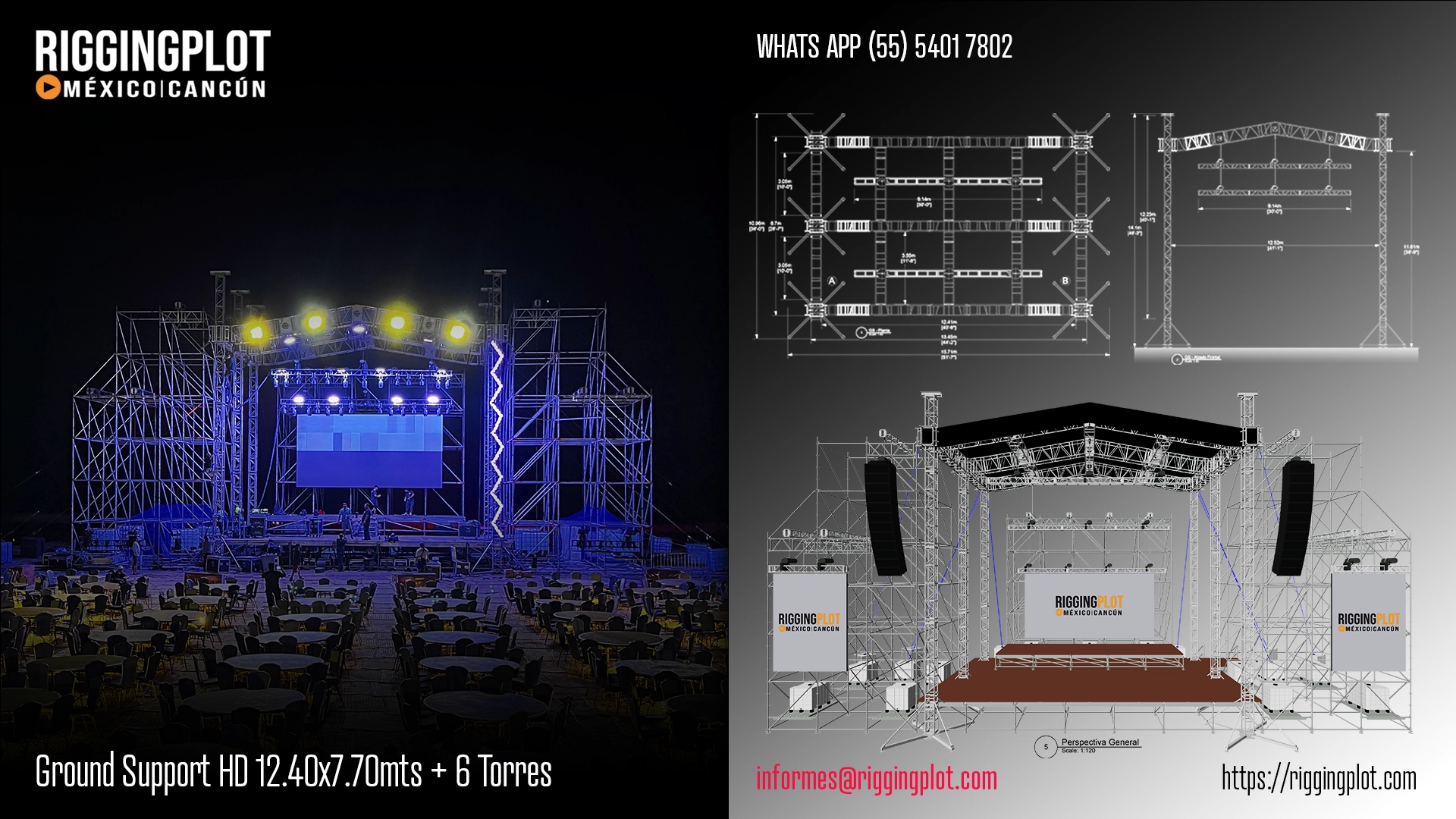 ficha tecnica ground support heavy duty de 12.40x7.70mts con 6 torres riggingplot méxico