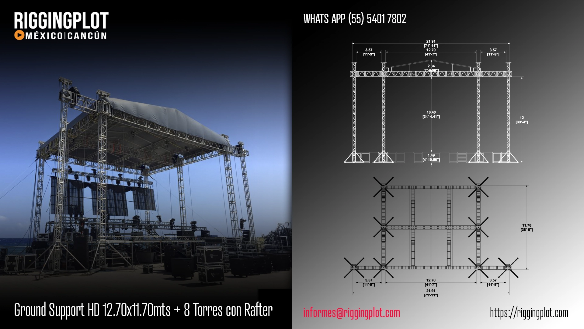 ficha tecnica ground support hd de 12.70x11.70mts con 8 torres y rafter mexico