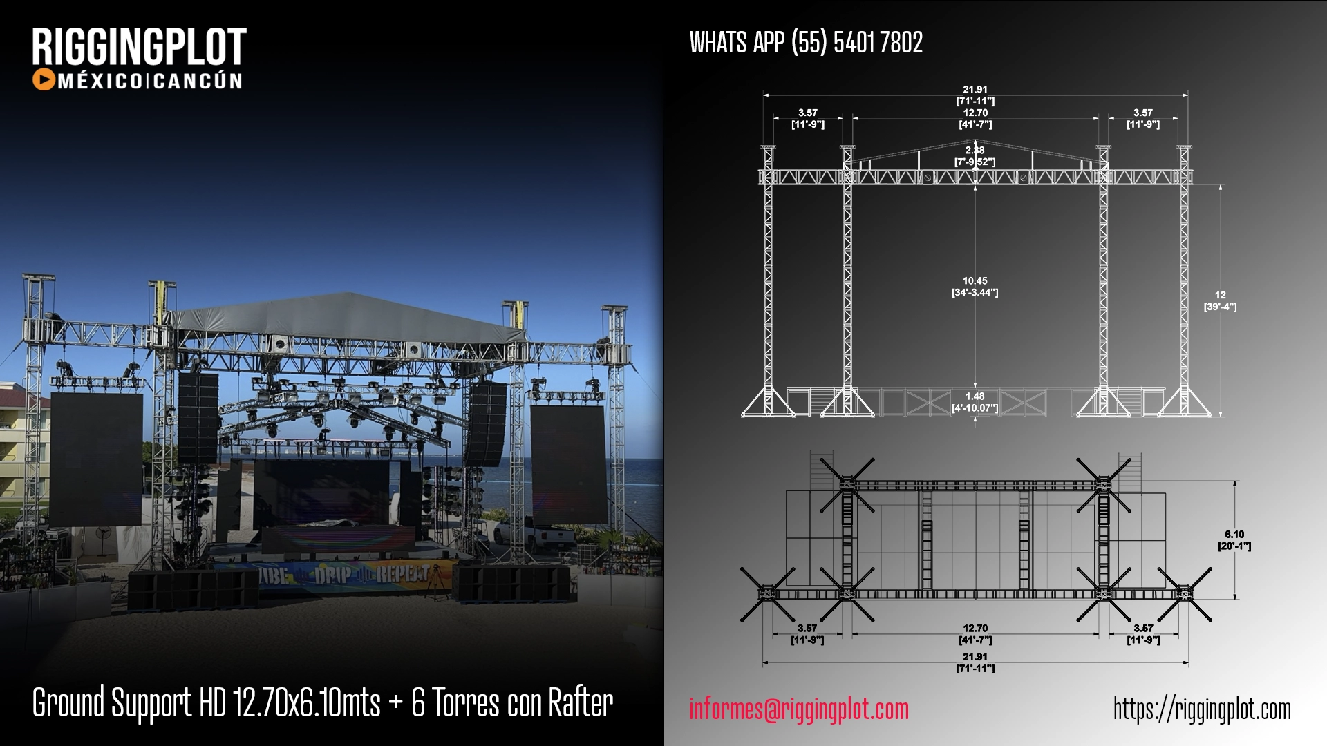 ficha tecnica ground support hd de 12.70x6.10mts con 6 torres, rafter y escenario mexico