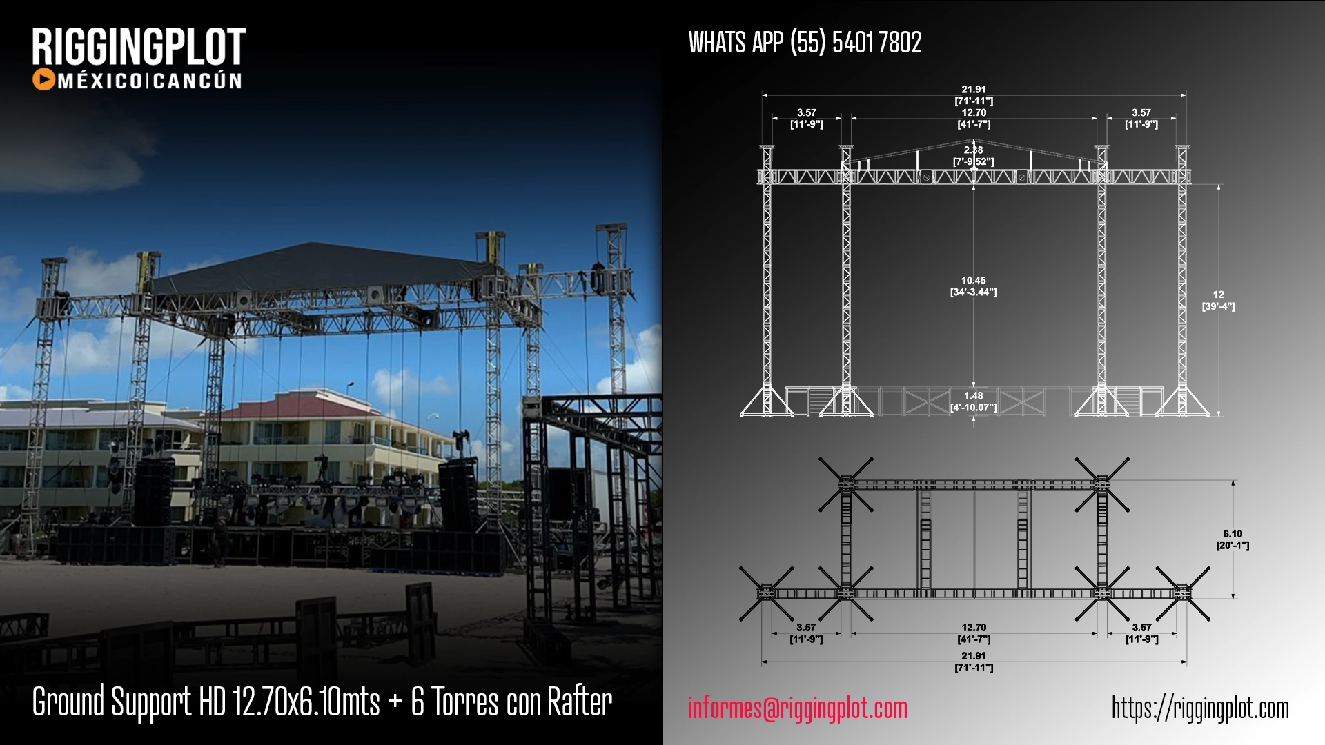 ficha tecnica ground support hd de 12.70x6.10mts con 6 torres rafter mexico