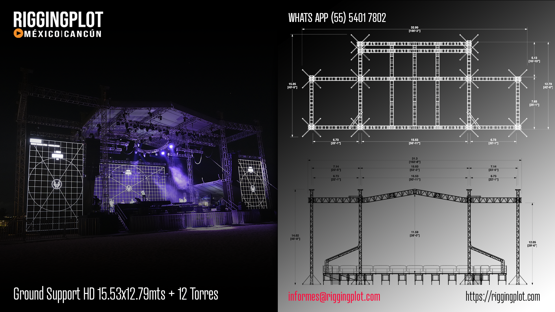 ficha tecnica ground support heavy duty de 15.40x12.80mts con 12 torres riggingplot méxico