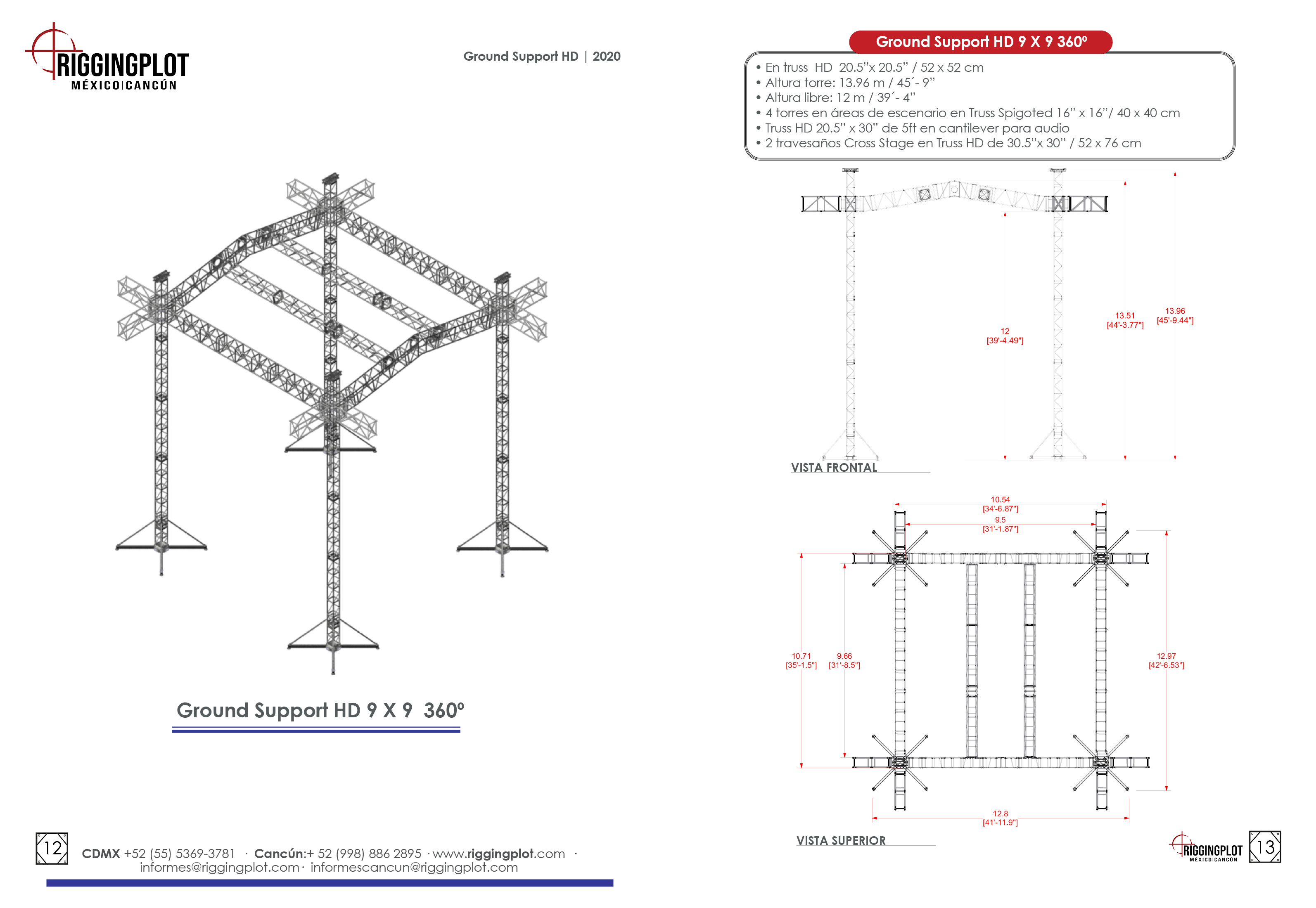 ficha tecnica ground support heavy duty de 9.50x9.66mts con 4 TORRES riggingplot méxico