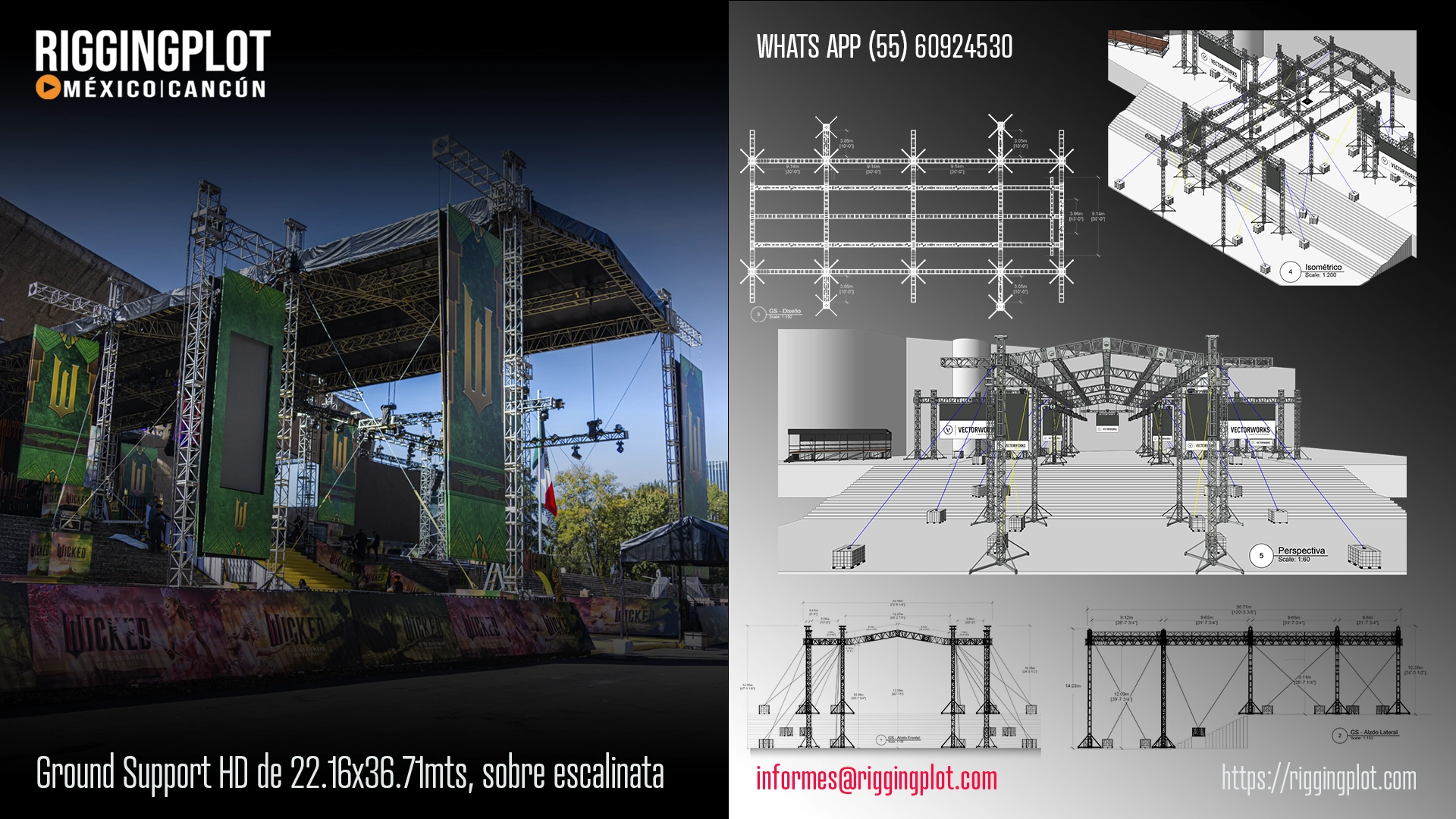 FICHA TÉCNICA GROUND SUPPORT HEAVY DUTY SOBRE ESCALINATA DE 22.16X36.71MTS CON 14 TORRES, MONTAJE EN AUDITORIO NACIONAL, PARA WICKED