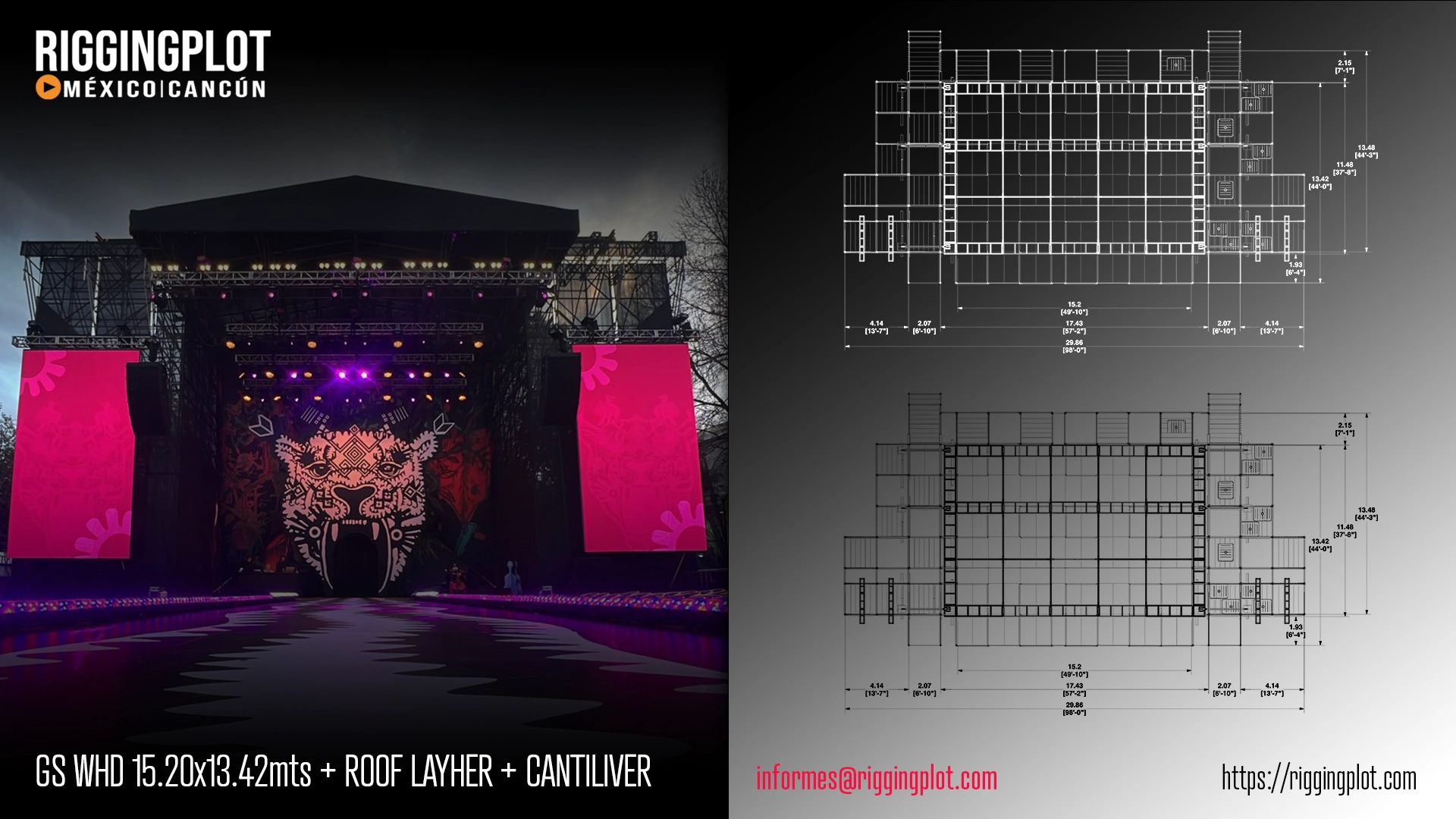 ficha tecnica ground support whd de 15.20x13.42mts con cantiliver + layher roof mexico