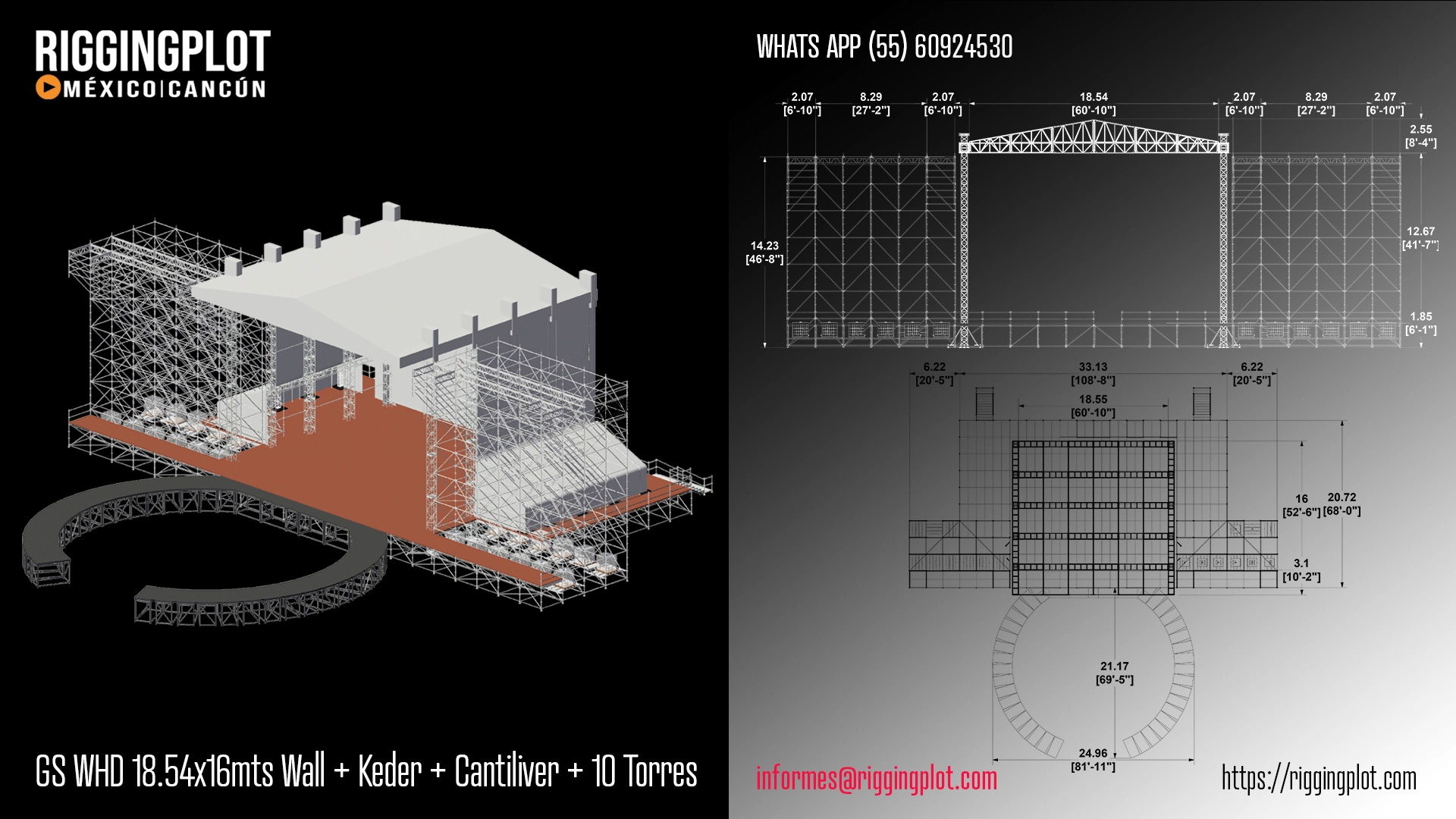 Ficha técnica Ground Support de 18.54x16.00mts WHD con sistema keder y cantiliver de 10 torres y layher wall riggingplot méxico