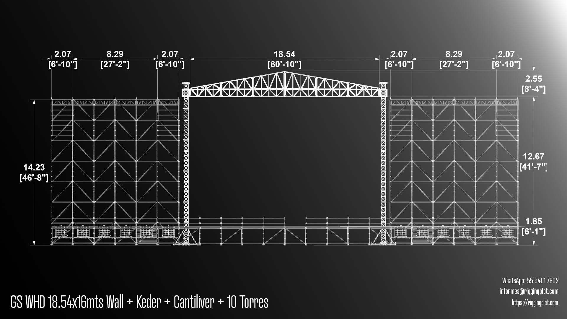 Ficha técnica Ground Support de 18.54x16.00mts WHD con sistema keder y cantiliver de 10 torres y layher wall riggingplot méxico