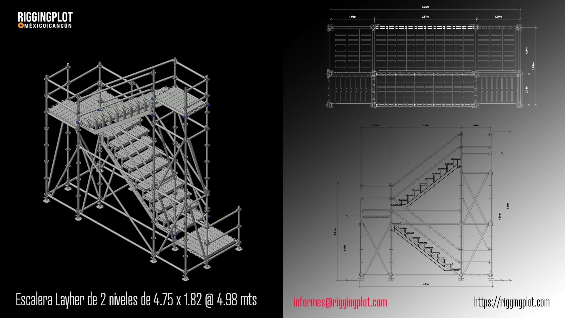 ESCALERA LAYHER A 2 NIVELES DE 4.75X1.82X4.98MTS, FABRICADA CON 2 ESCALERAS LAYHER DE 10 PELDAÑOS MÉXICO
