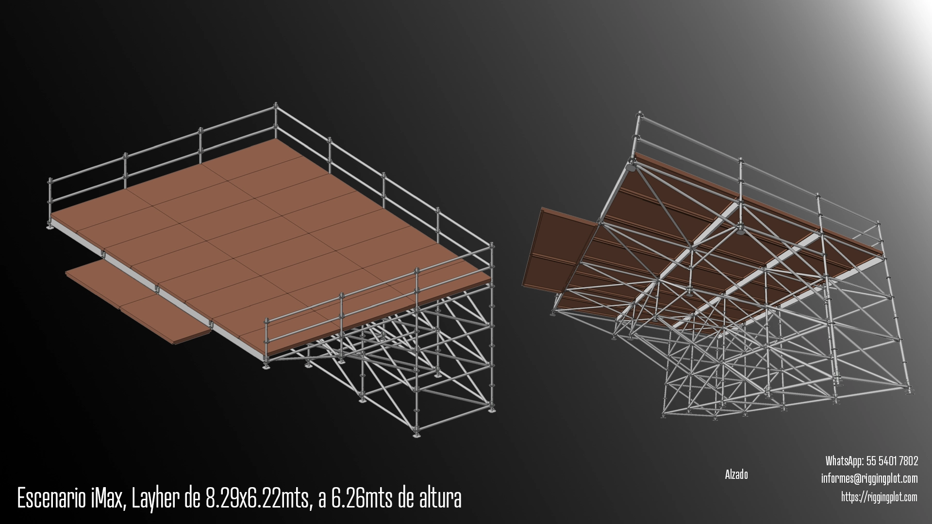 FICHA TÉCNICA ESCENARIO LAYHER IMAX DE 8.29X6.22MTS A 6.26MTS DE ALTURA, ISOMÉTRICO