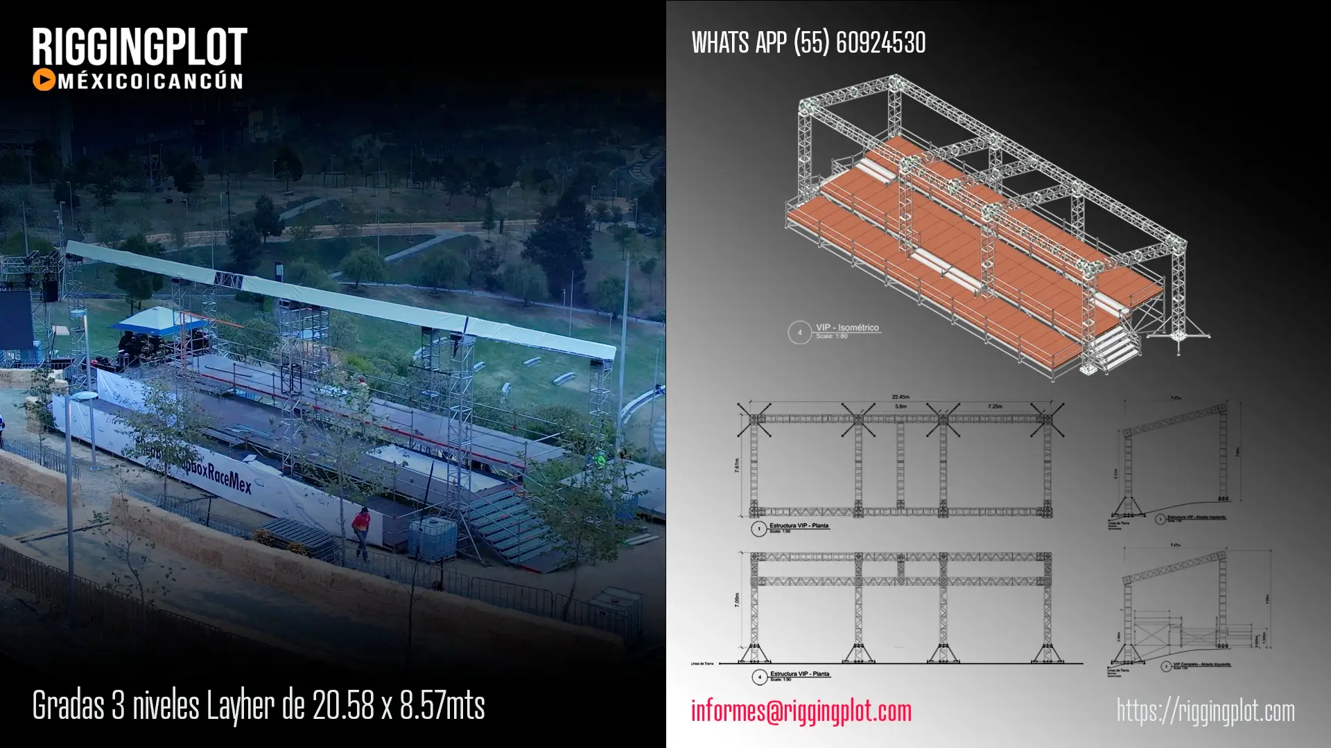 ficha técnica grada layher de 3 niveles de 20.58 metros de frente x 8.57 metros de profundidad x 2.76 metros de altura
