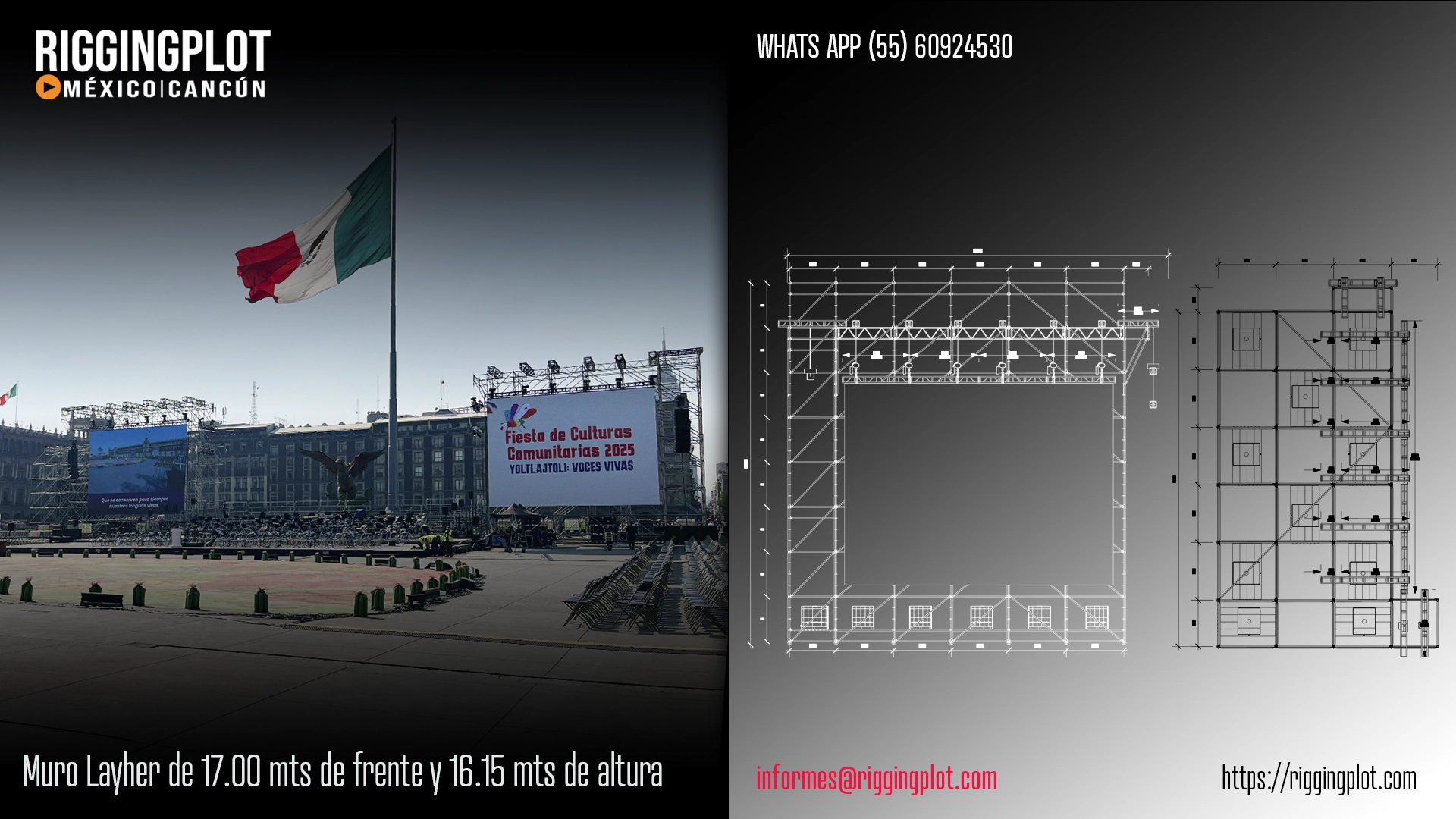 Ficha técnica muro layher de 17.00 metros de base por 16.15 metros de altura para pantalla de video en México