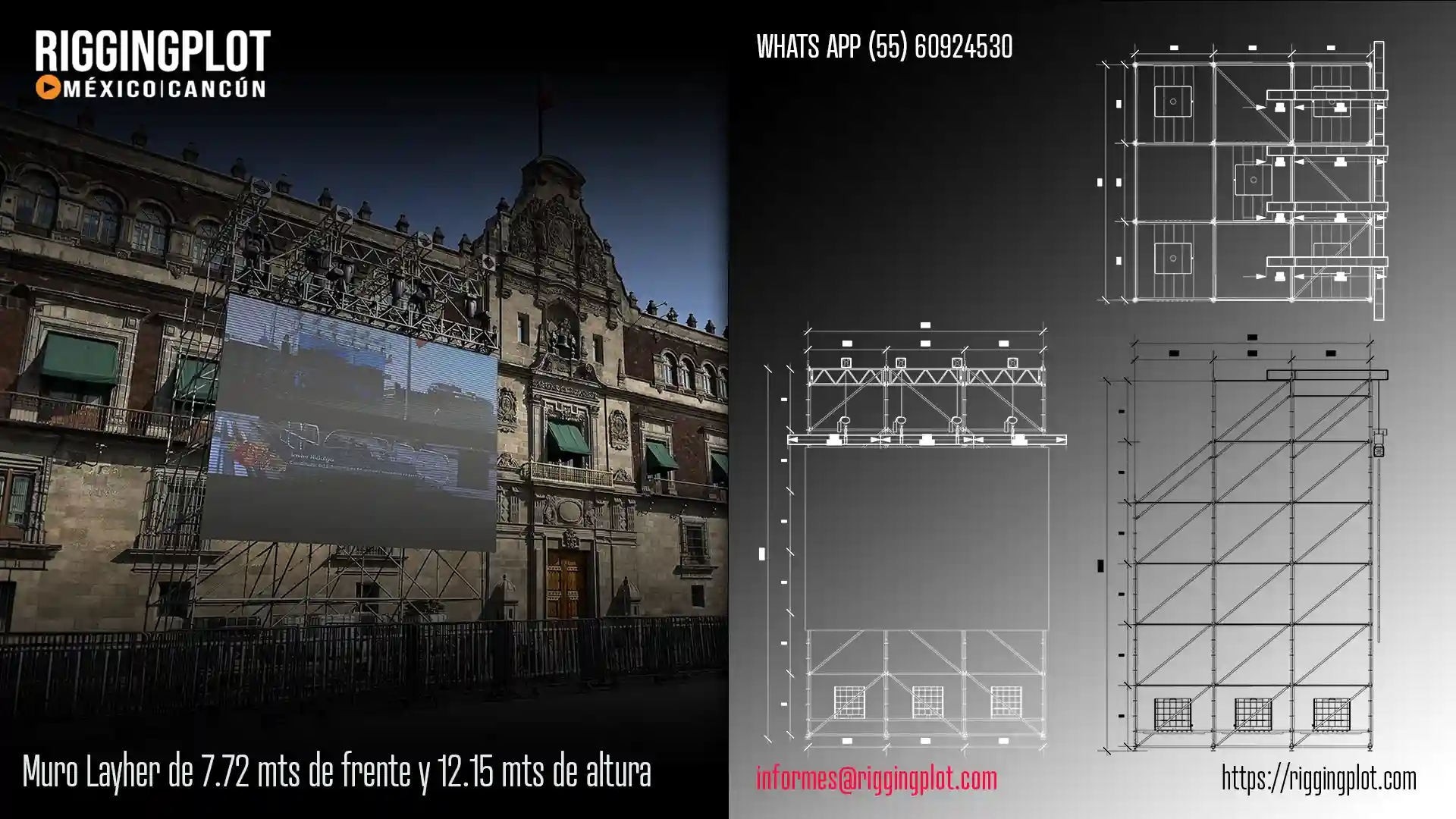 Ficha técnica muro layher de 7.72 metros de base por 12.15 metros de altura para pantalla de video en México