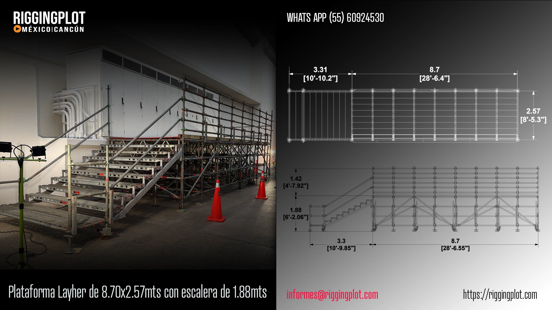 ficha técnica PLATAFORMA LAYHER DE 8.70X2.57MTS CON ESCALERA DE 1.88MTS DE ALTURA