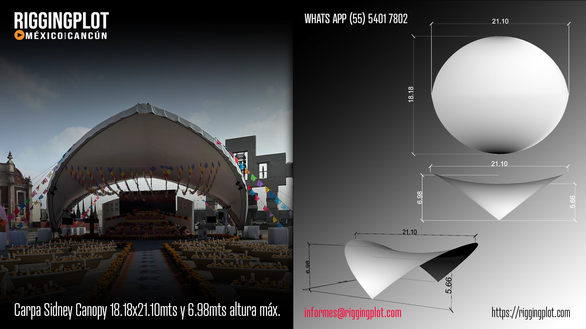 ficha tecnica de carpa sidney canopy de 18.18x21.10mts con 6.98mts de altura máxima en mexico