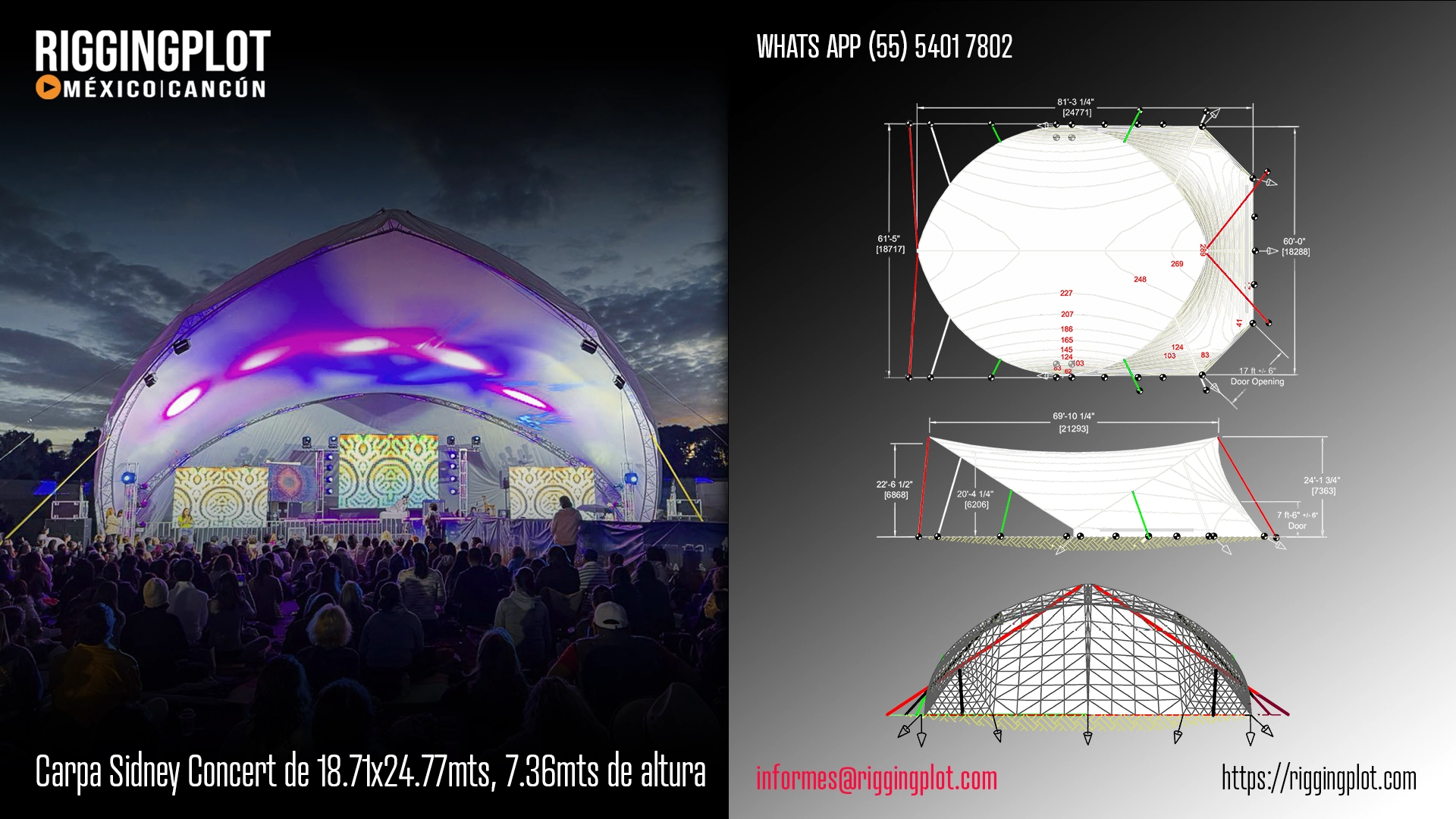 ficha tecnica de carpa sidney concert de 18.71x24.77mts con 6.87mts de altura máxima en mexico