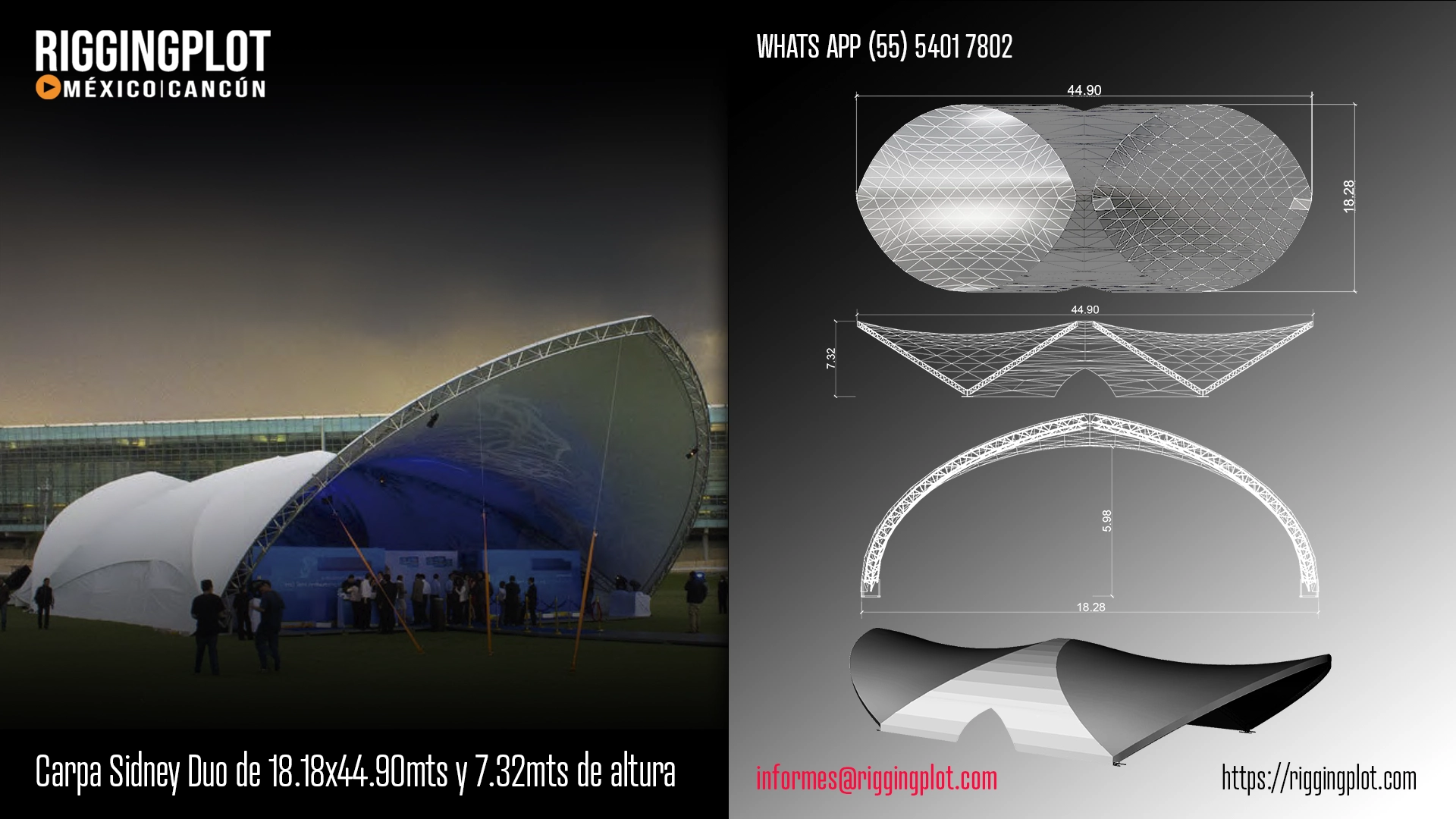ficha tecnica de carpa sidney de 18.18x44.90mts con 7.32mts de altura máxima en mexico