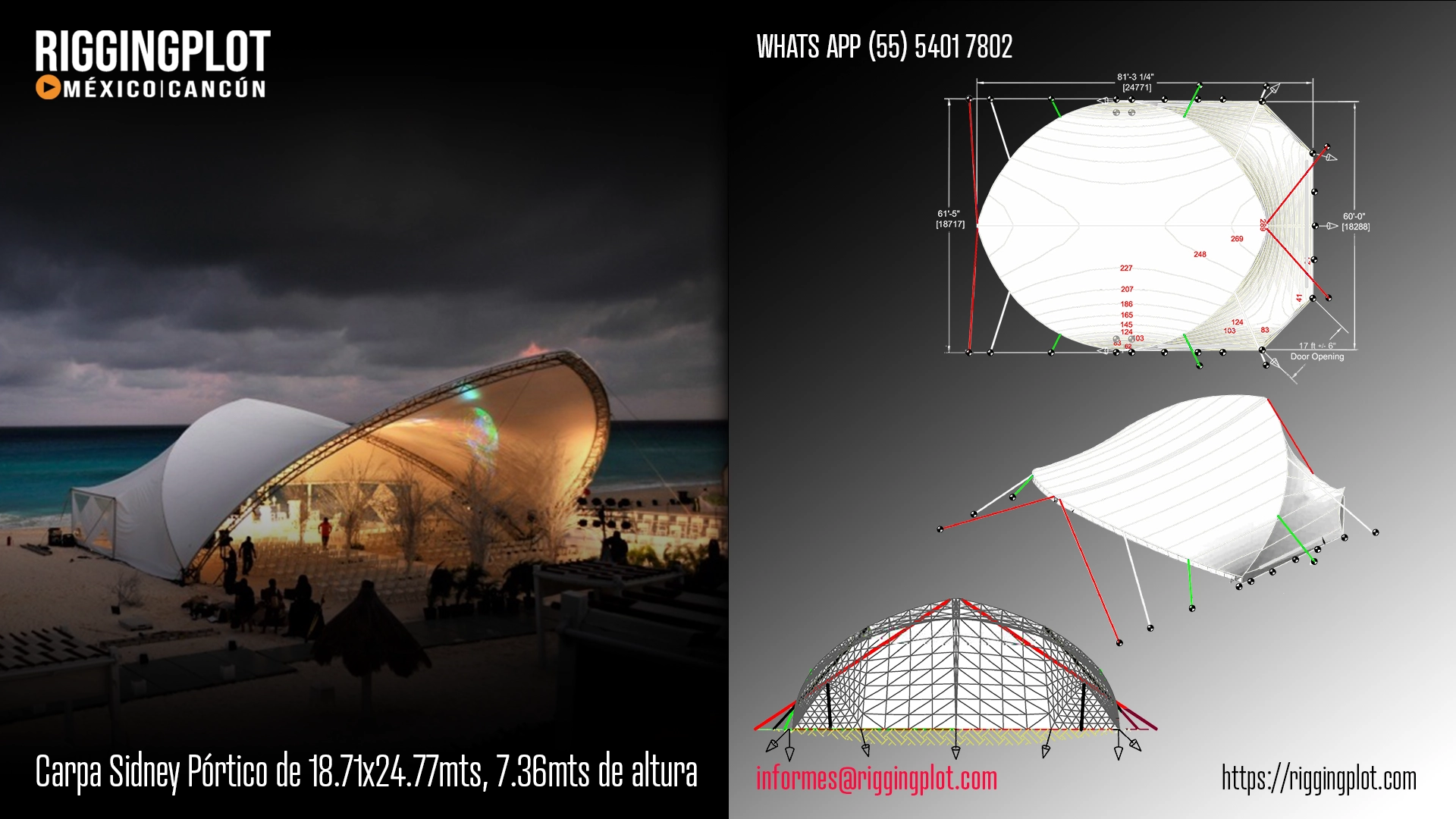 ficha tecnica de carpa sidney de 18.71x24.77mts con 6.87mts de altura máxima en mexico