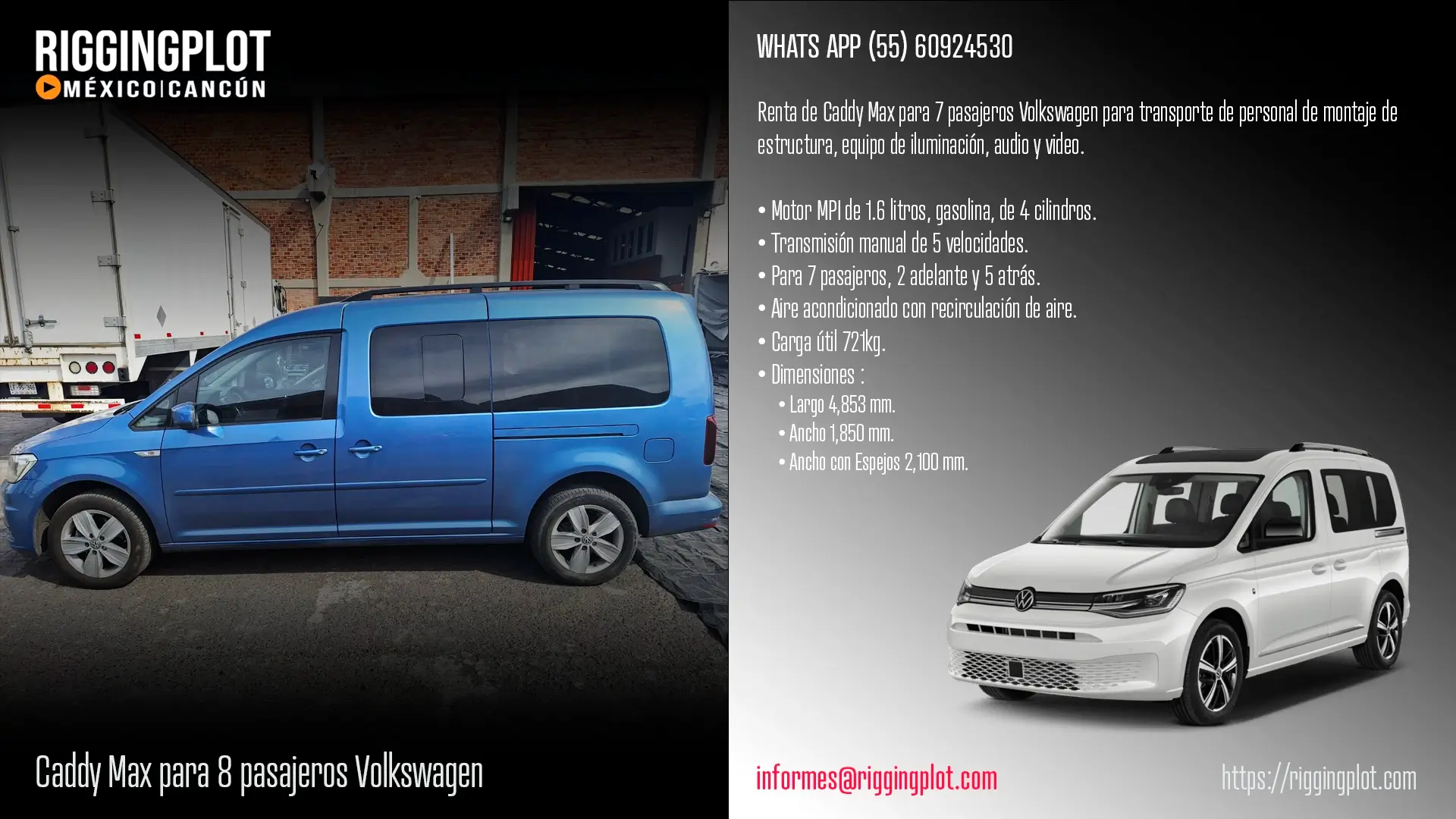 renta de caddy de 7 pasajeros para transporte de personal de montaje de estructura, equipo de iluminación, audio y video.
