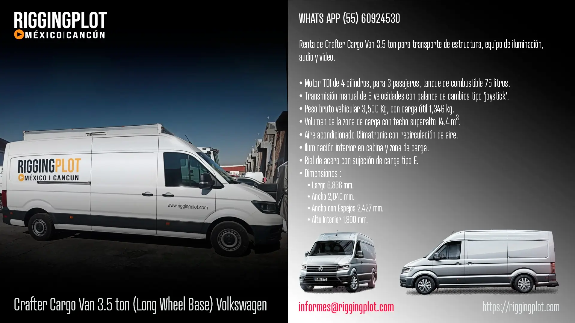 renta de crafter cargo van 3.5 ton para transporte de estructura, equipo de iluminación, audio y video.
