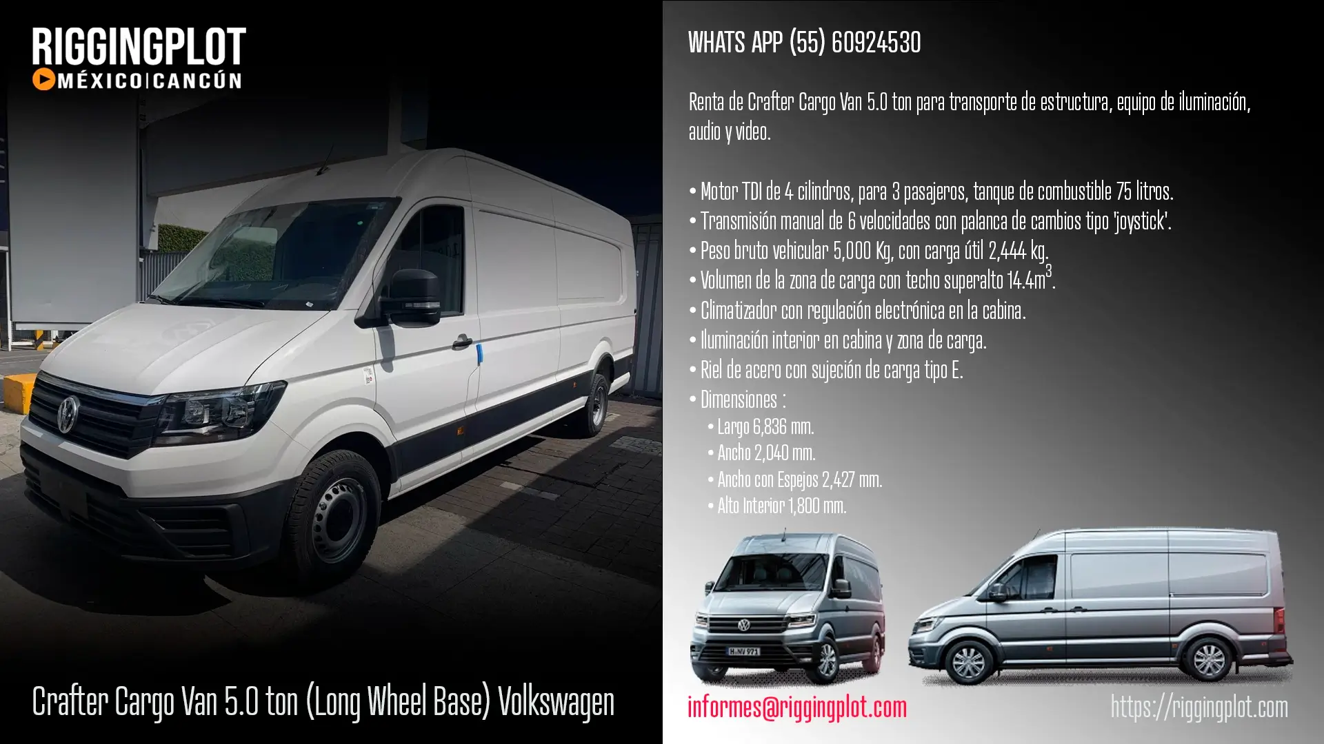 renta de crafter cargo van 5.0 ton para transporte de estructura, equipo de iluminación, audio y video.