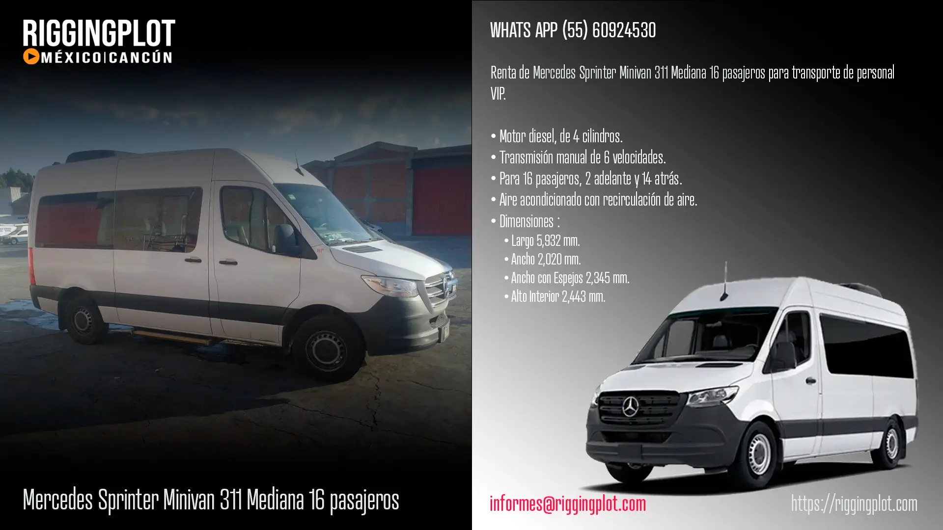 renta de mercedes sprinter 16 pasajeros para transporte de personal de montaje de estructura, equipo de iluminación, audio y video.