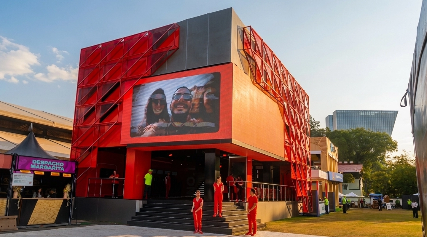 Estructura hospitality de dos niveles con truss MK de aluminio, escaleras layher, diseñada para soportar plataformas, cubiertas y cargas de uso en instalaciones temporales para eventos